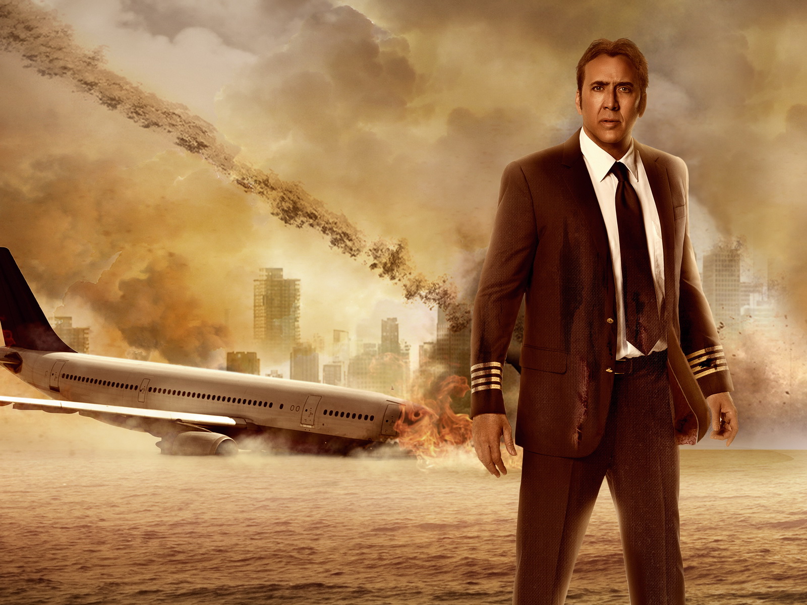 Nicolas Cage as a pilot in a disaster scene HD Wallpaper