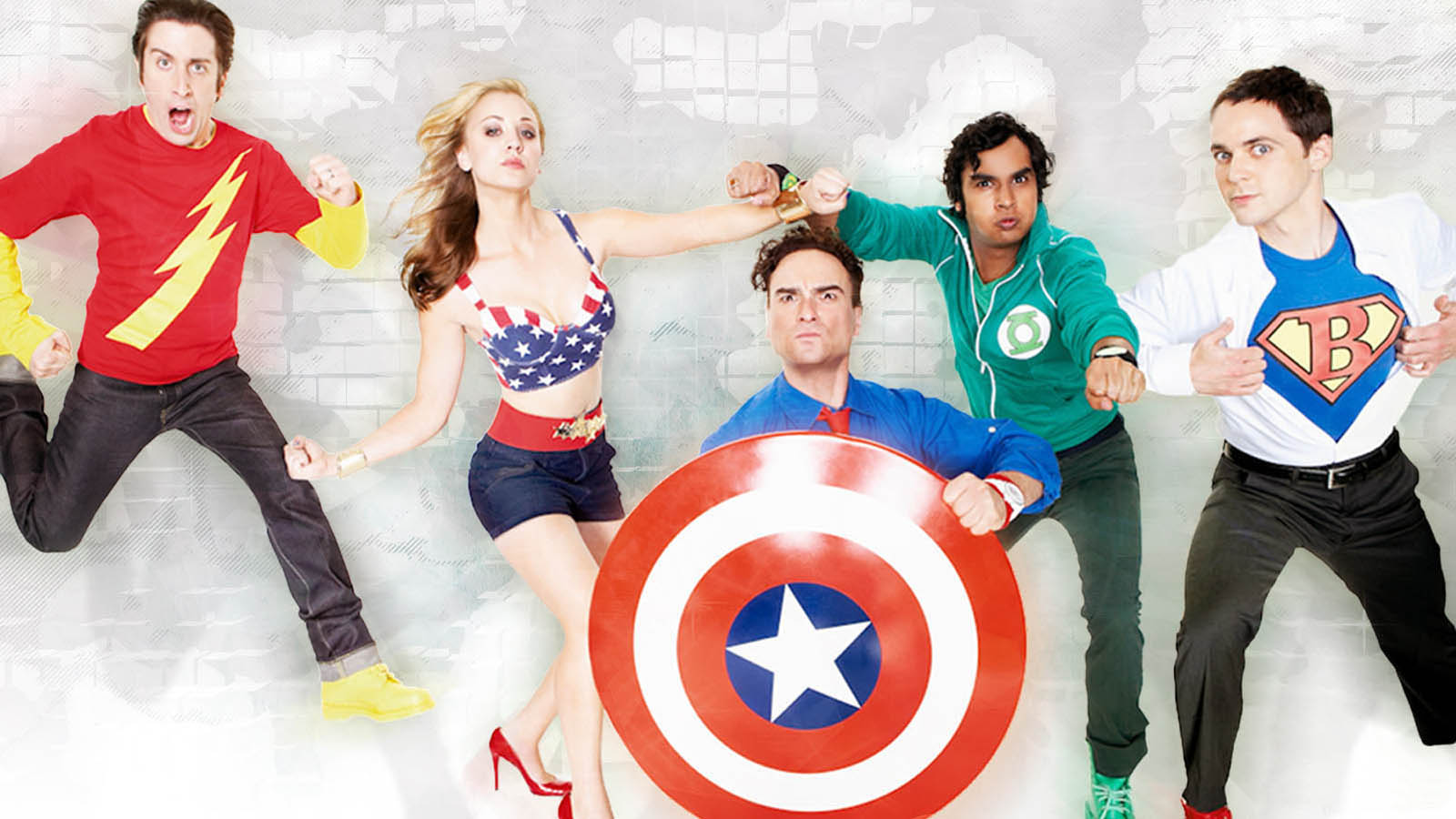 The Big Bang Theory cast in superhero costumes HD Wallpaper