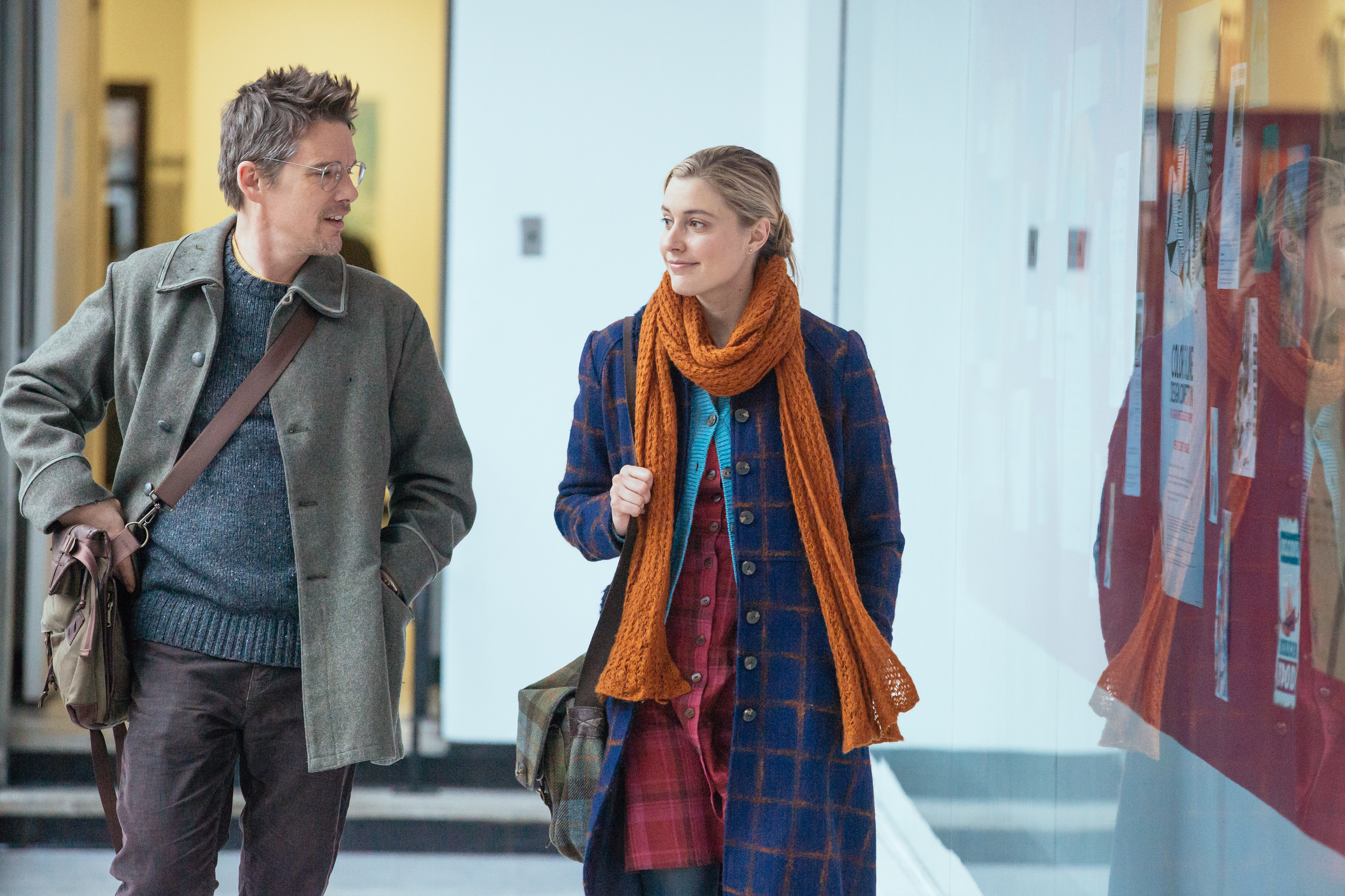 Ethan Hawke and Greta Gerwig in a hallway HD Wallpaper