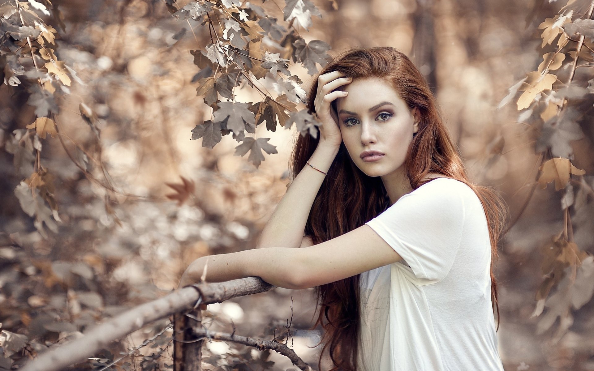 Young woman with red hair in a white shirt HD Wallpaper