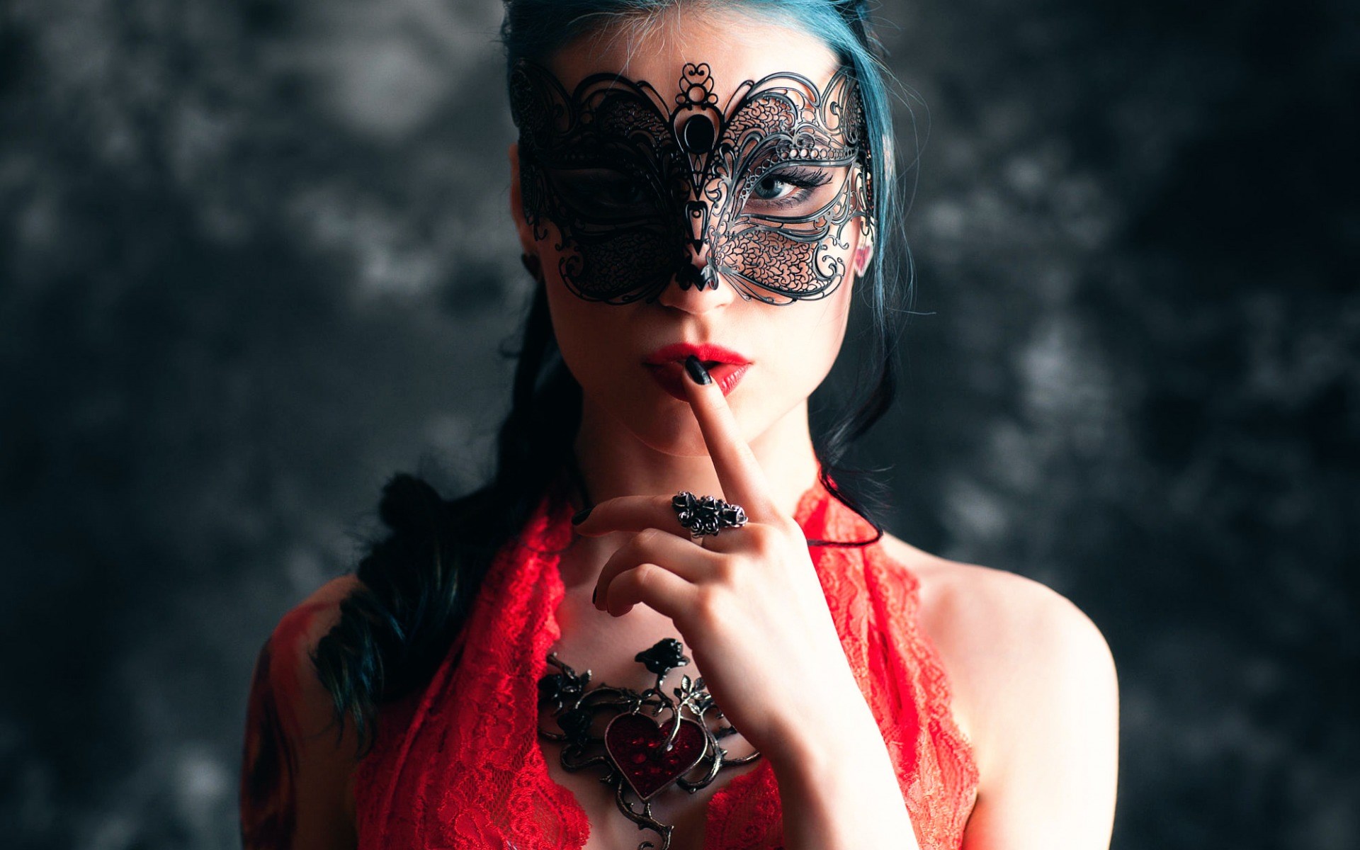 Woman in a black mask and red lace HD Wallpaper