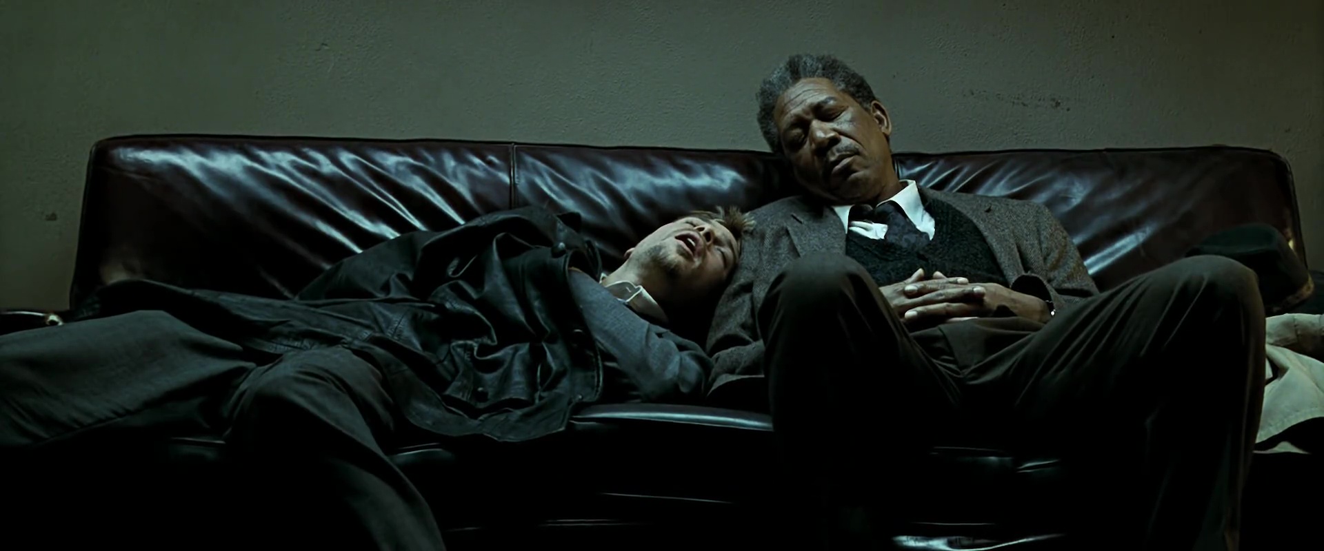 Morgan Freeman and Brad Pitt sleeping on a couch HD Wallpaper