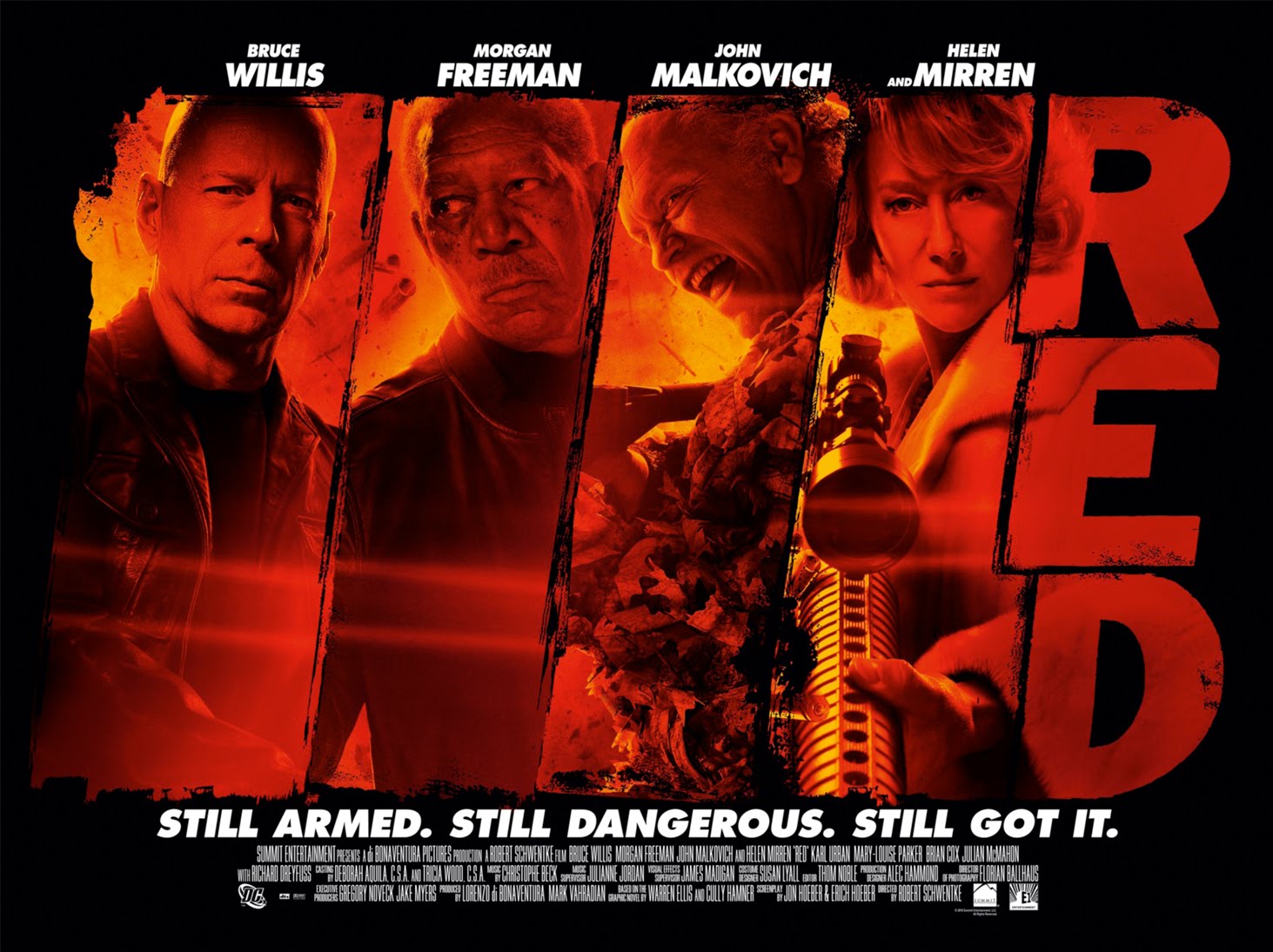 RED movie poster with Bruce Willis, Morgan Freeman, John Malkovich, Helen Mirren HD Wallpaper