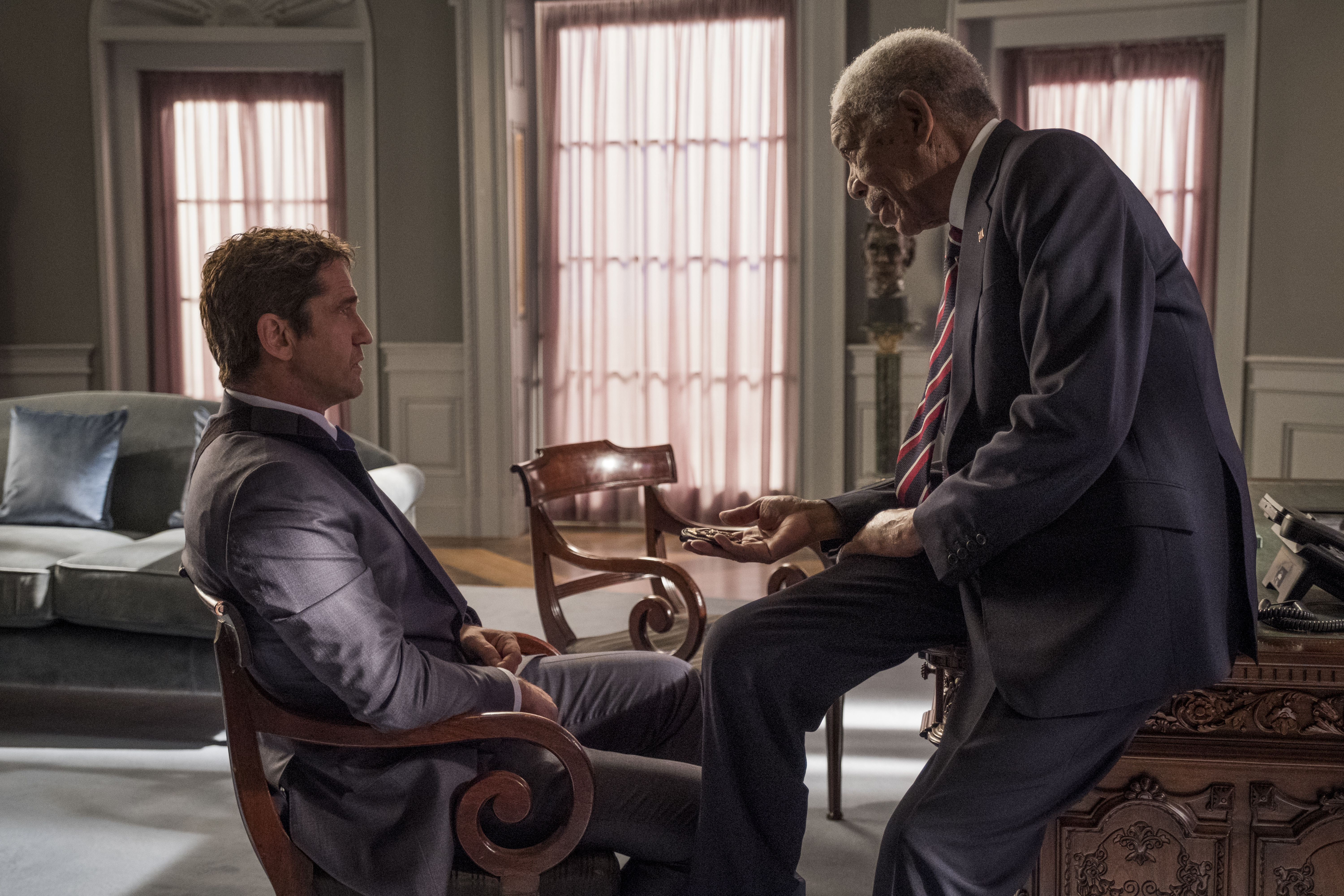 Morgan Freeman and Gerard Butler in a room HD Wallpaper