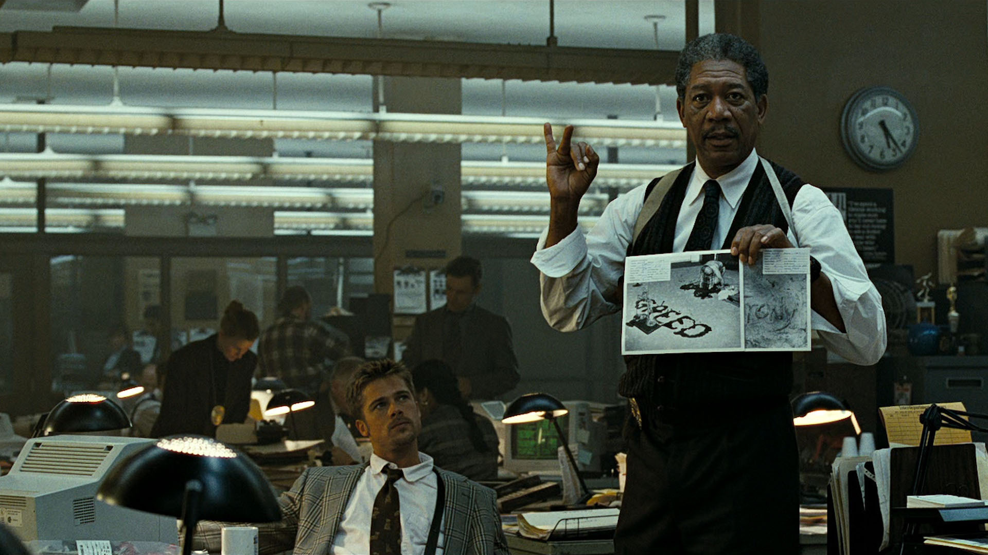 Morgan Freeman and Brad Pitt in an office HD Wallpaper