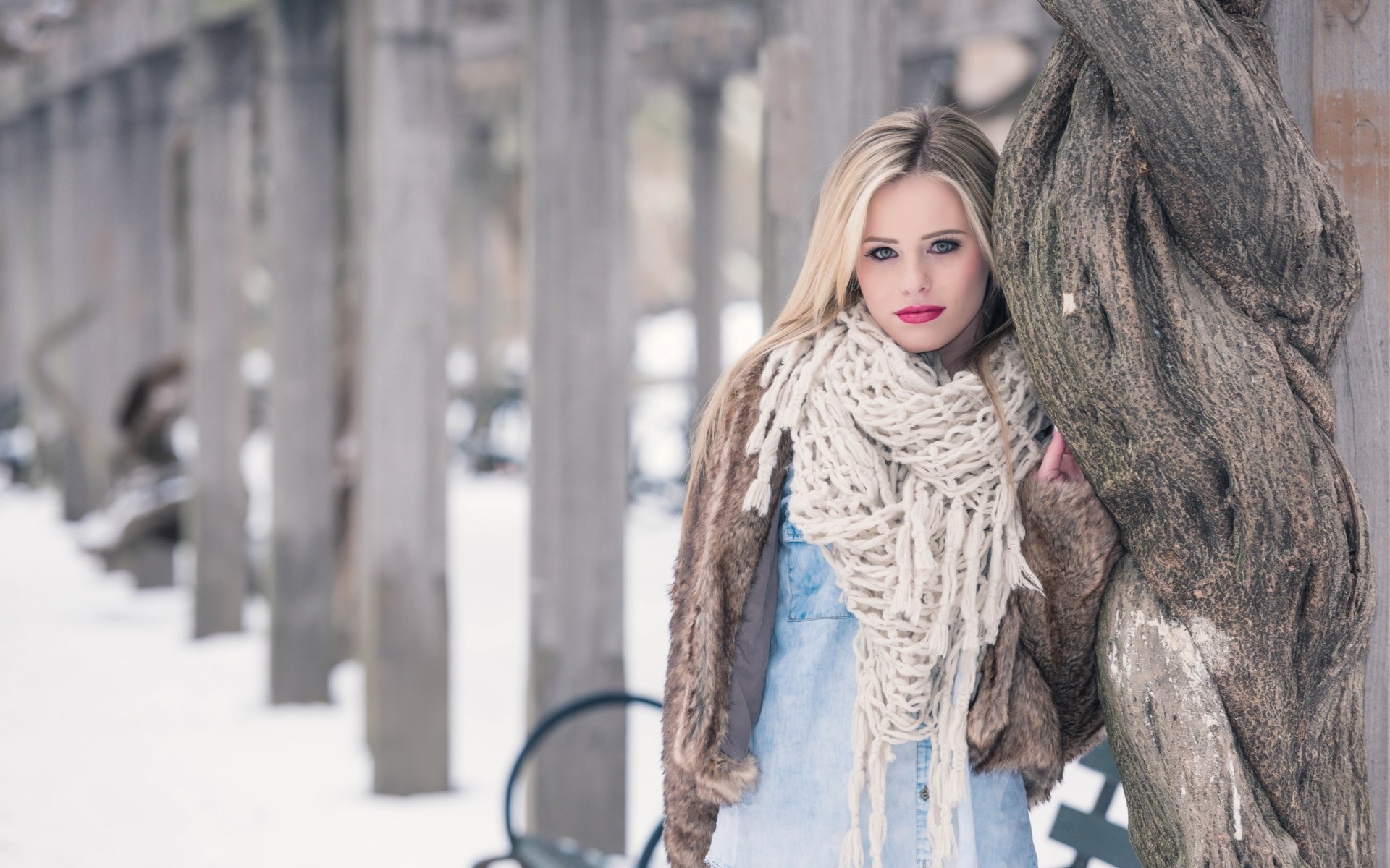 Woman in winter coat and scarf leaning on tree HD Wallpaper