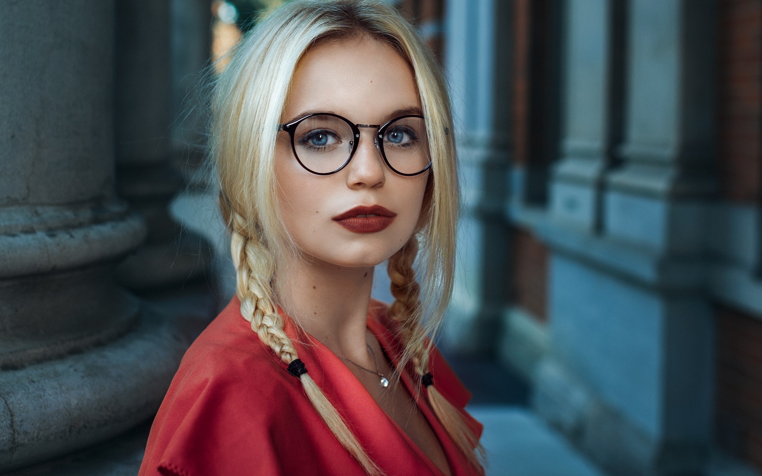 Woman with blonde braids and glasses HD Wallpaper