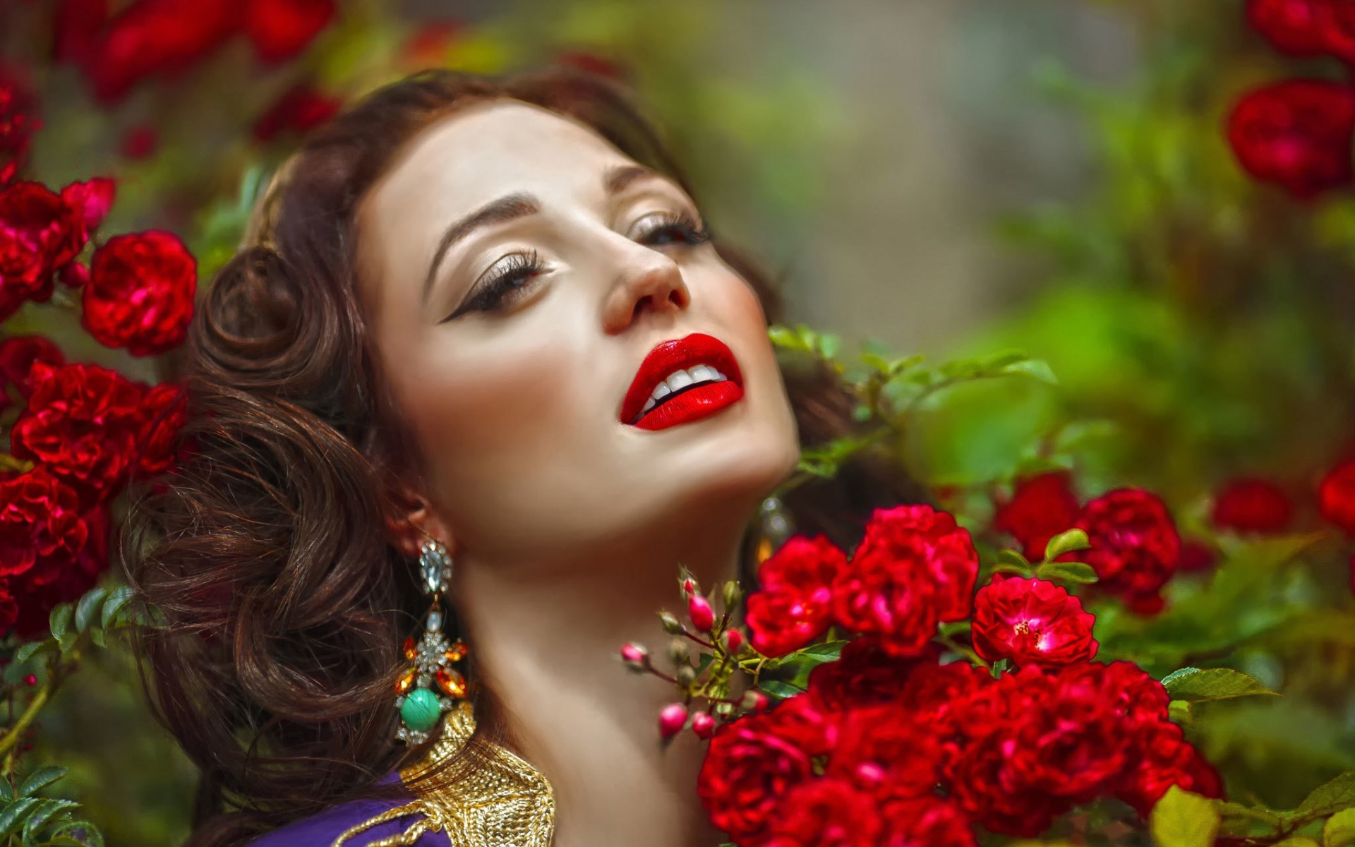 Woman with red lipstick and roses HD Wallpaper