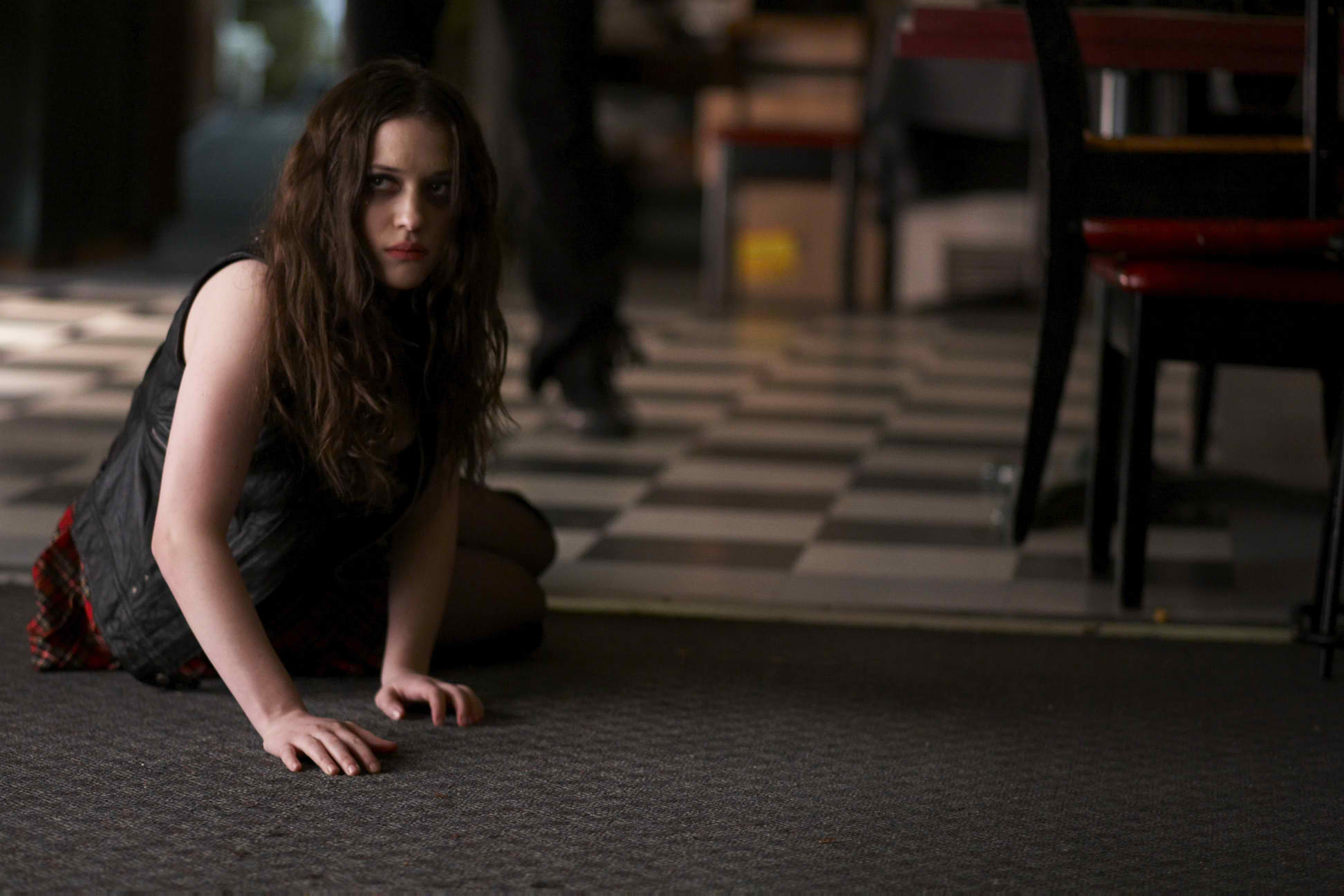 Kat Dennings on checkered floor HD Wallpaper