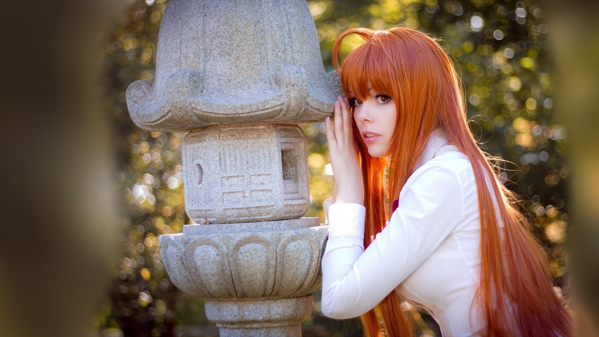 Woman with orange hair in white shirt near stone lantern HD Wallpaper