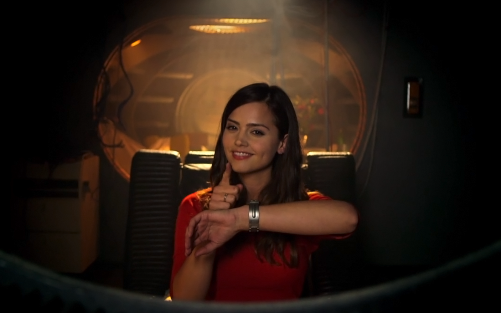 Jenna Coleman in a red dress HD Wallpaper