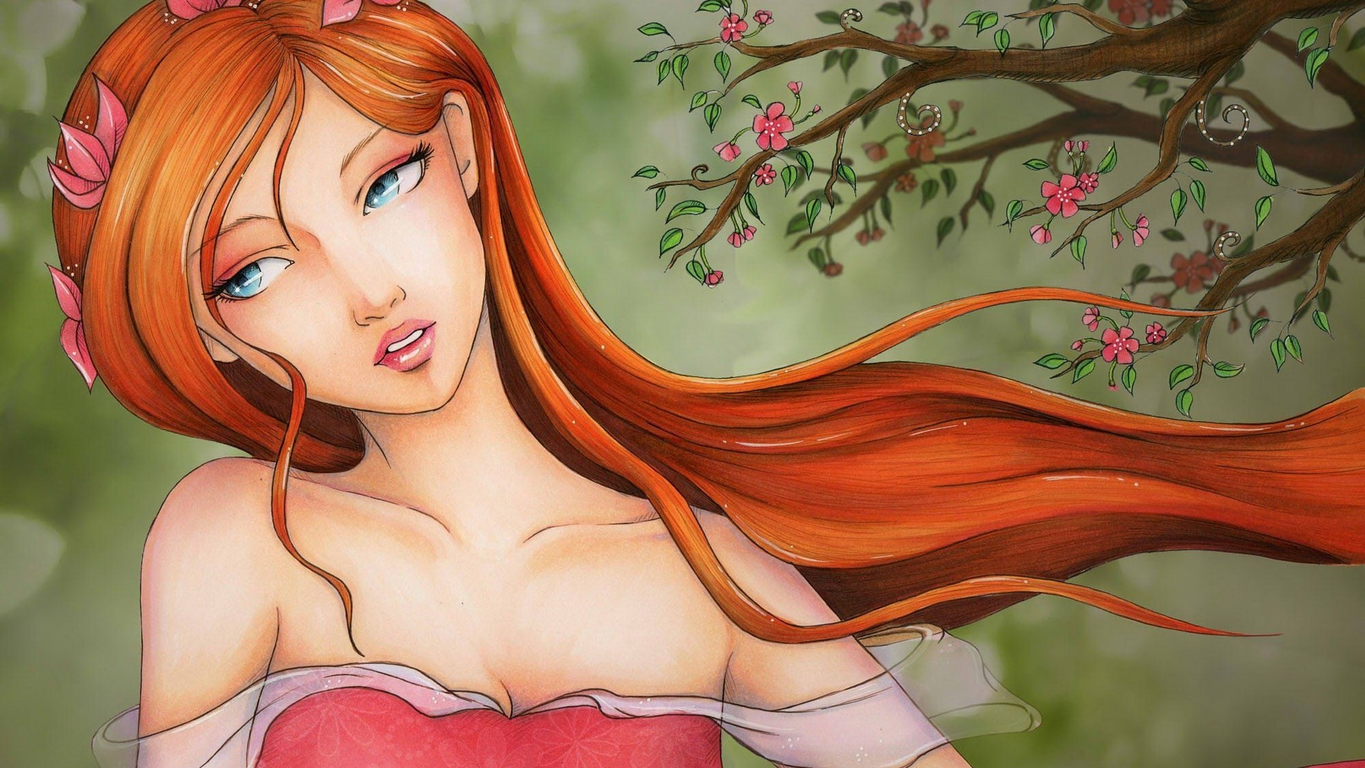 Red-haired woman with flowers in her hair near a tree HD Wallpaper