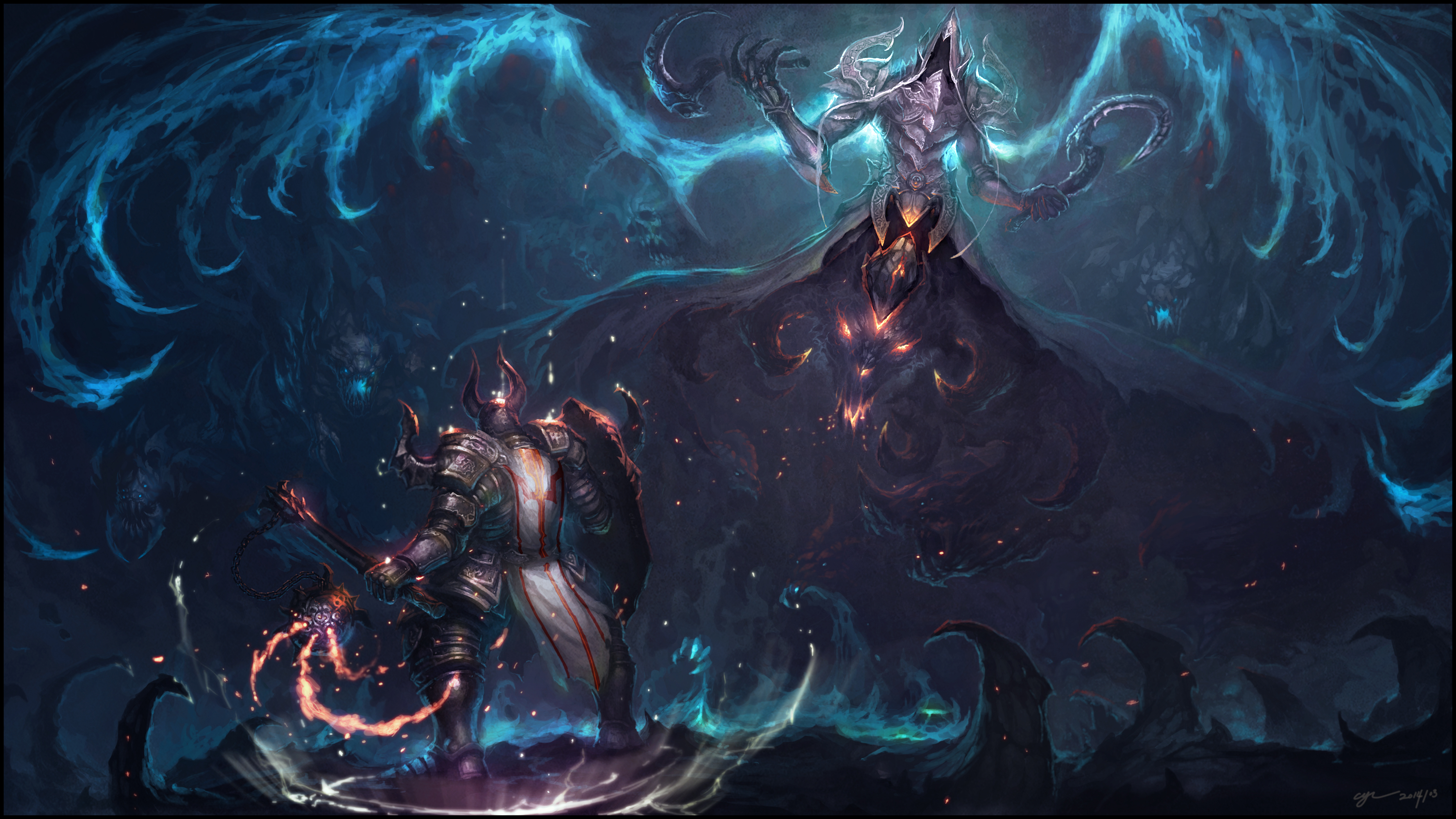 Diablo: Knight fighting a demonic entity HD Wallpaper