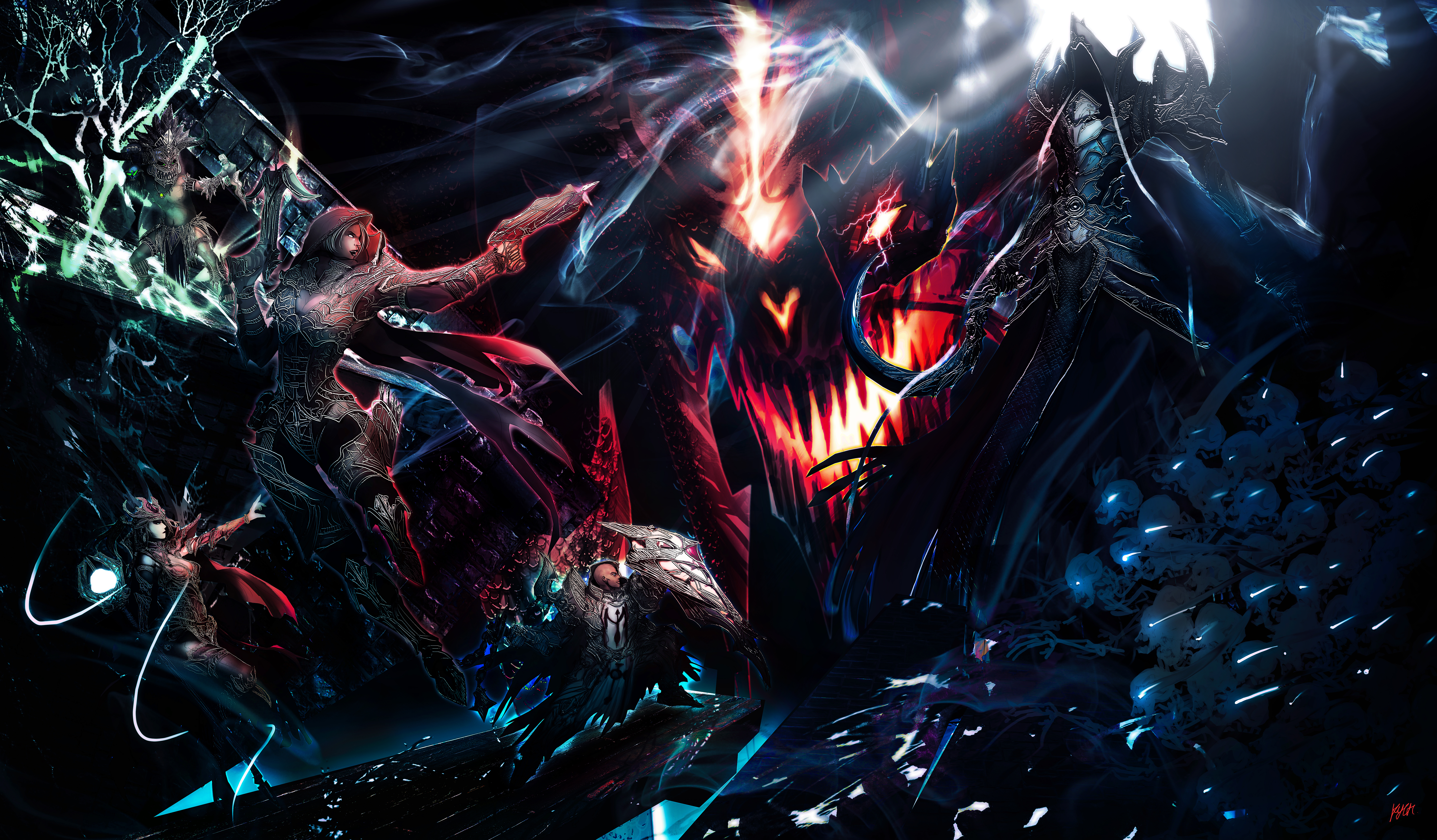 Diablo characters in a dark, chaotic scene HD Wallpaper