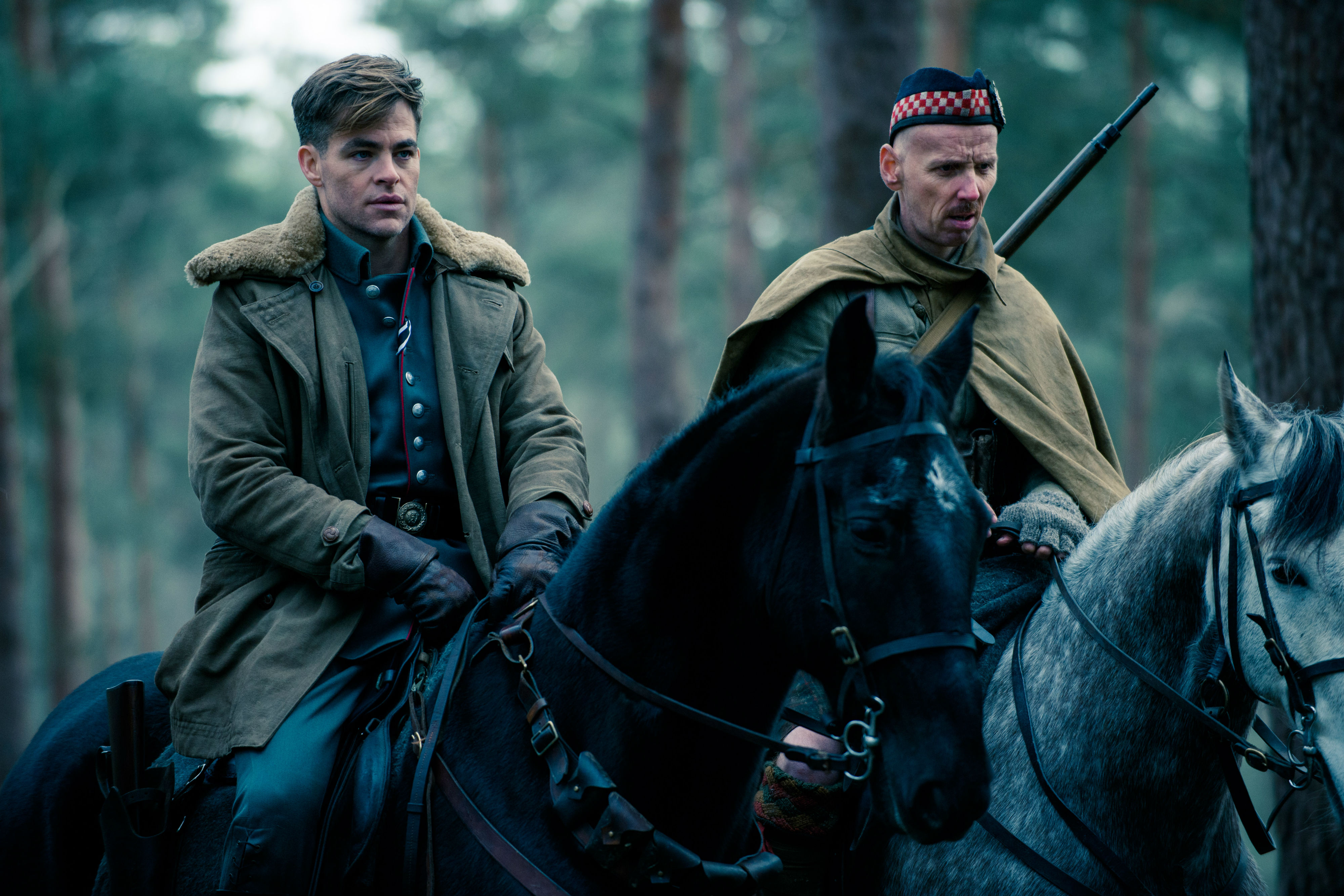 Chris Pine and soldier on horseback HD Wallpaper