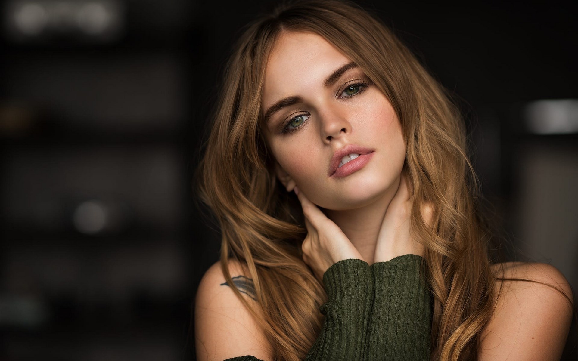 Woman with long brown hair and green eyes HD Wallpaper