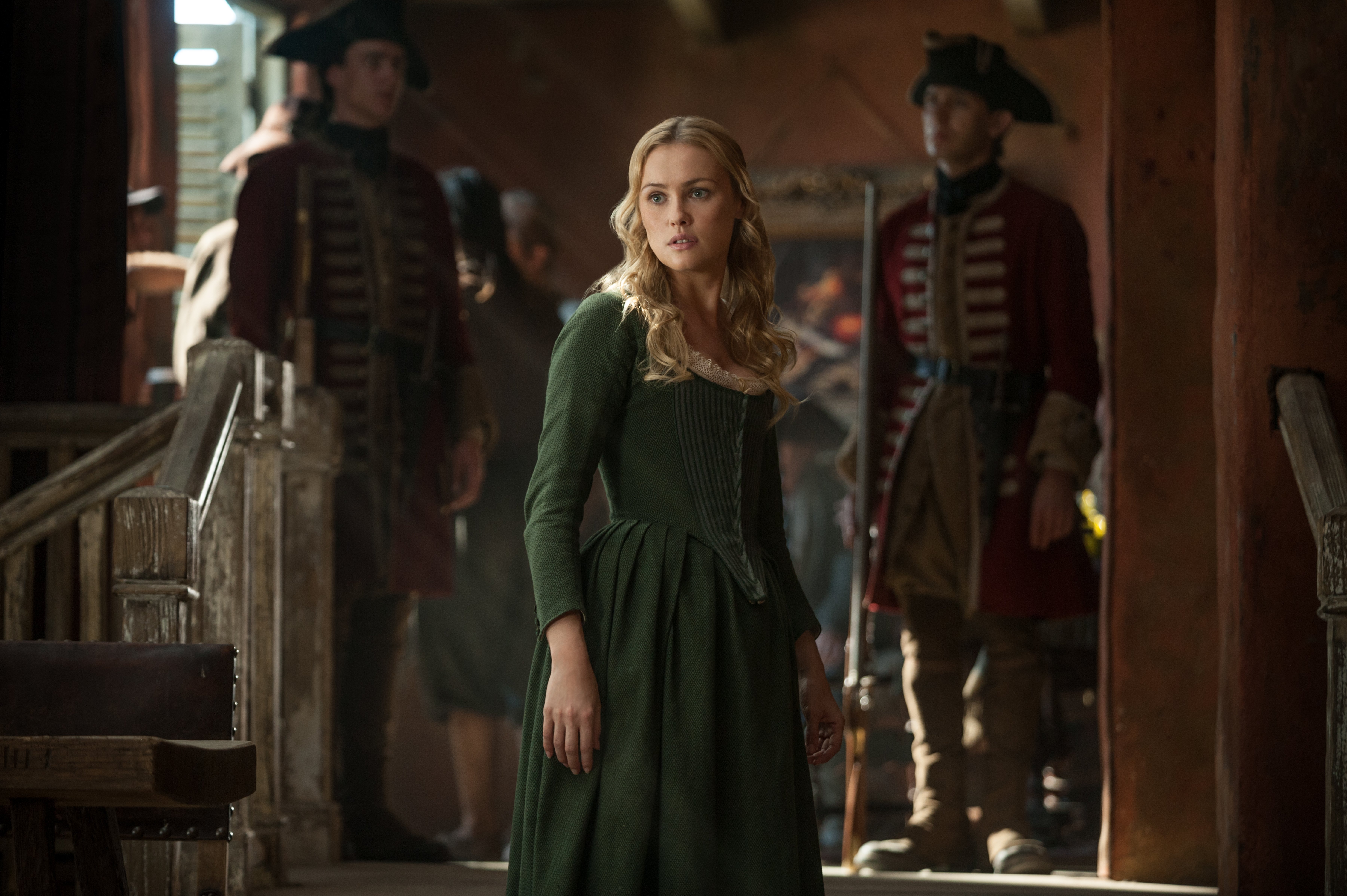 Hannah New in a green dress with soldiers HD Wallpaper