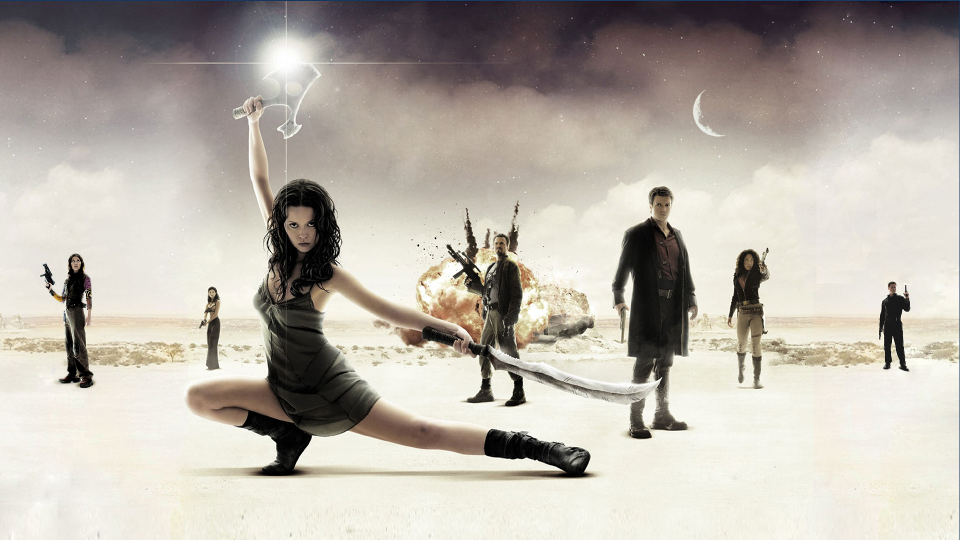 Characters from Firefly in a desert landscape HD Wallpaper