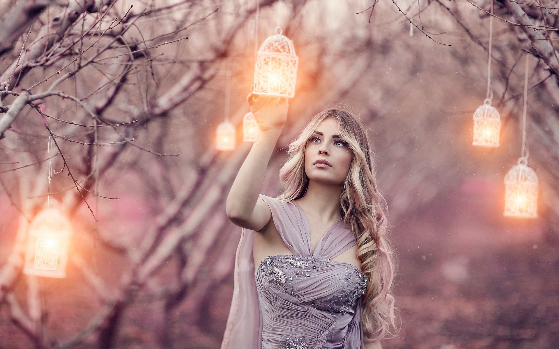 Woman holding a lantern in a magical forest HD Wallpaper