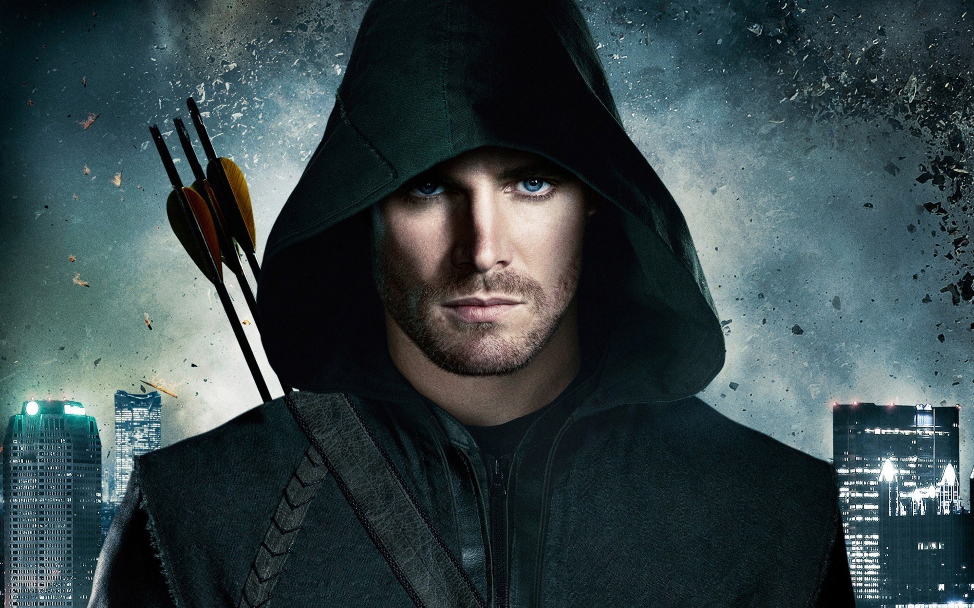 Stephen Amell as Arrow in a dark hooded costume HD Wallpaper