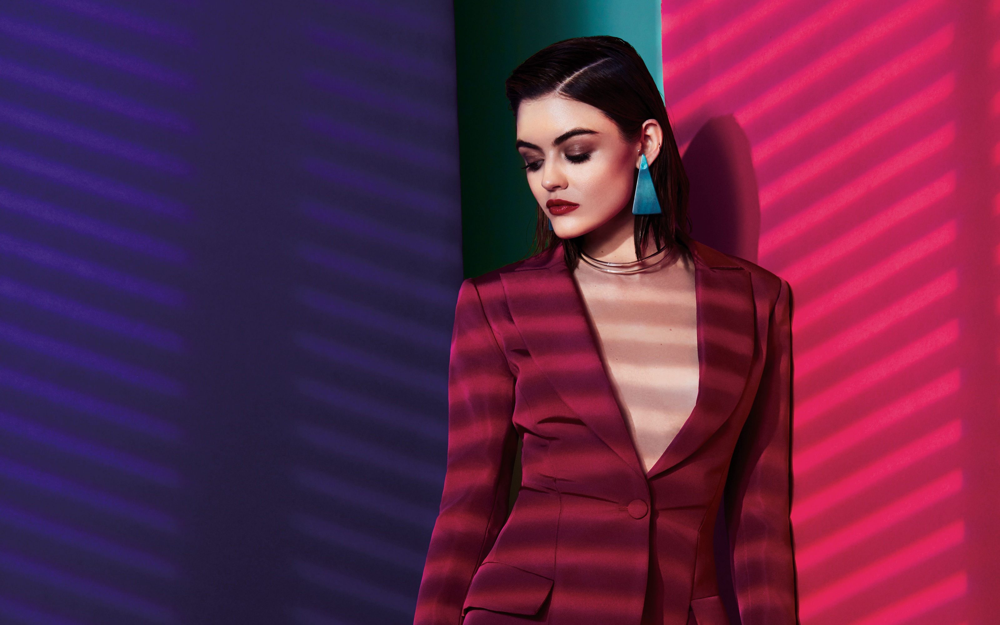 Lucy Hale in a maroon suit HD Wallpaper