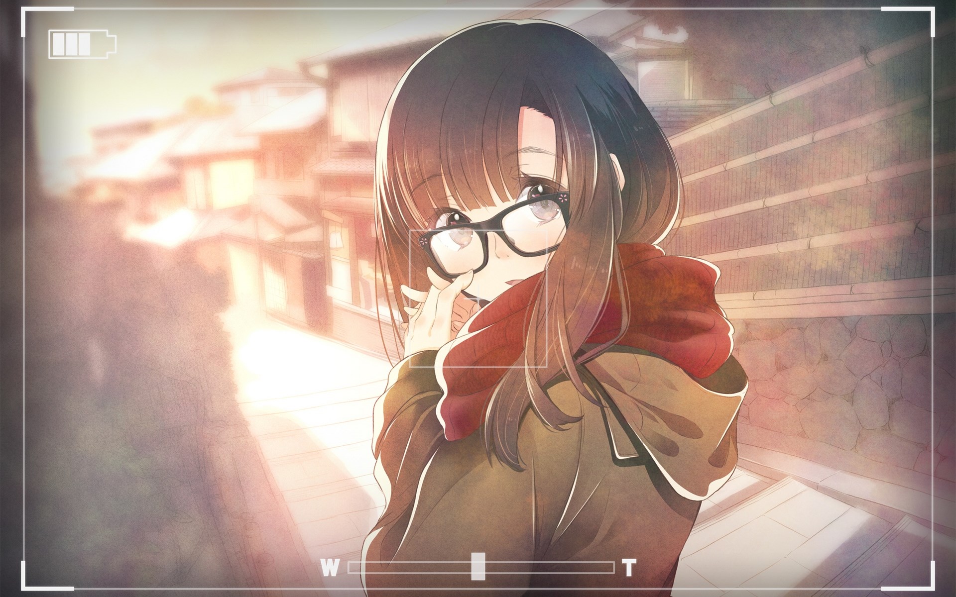 Anime girl with glasses and red scarf HD Wallpaper