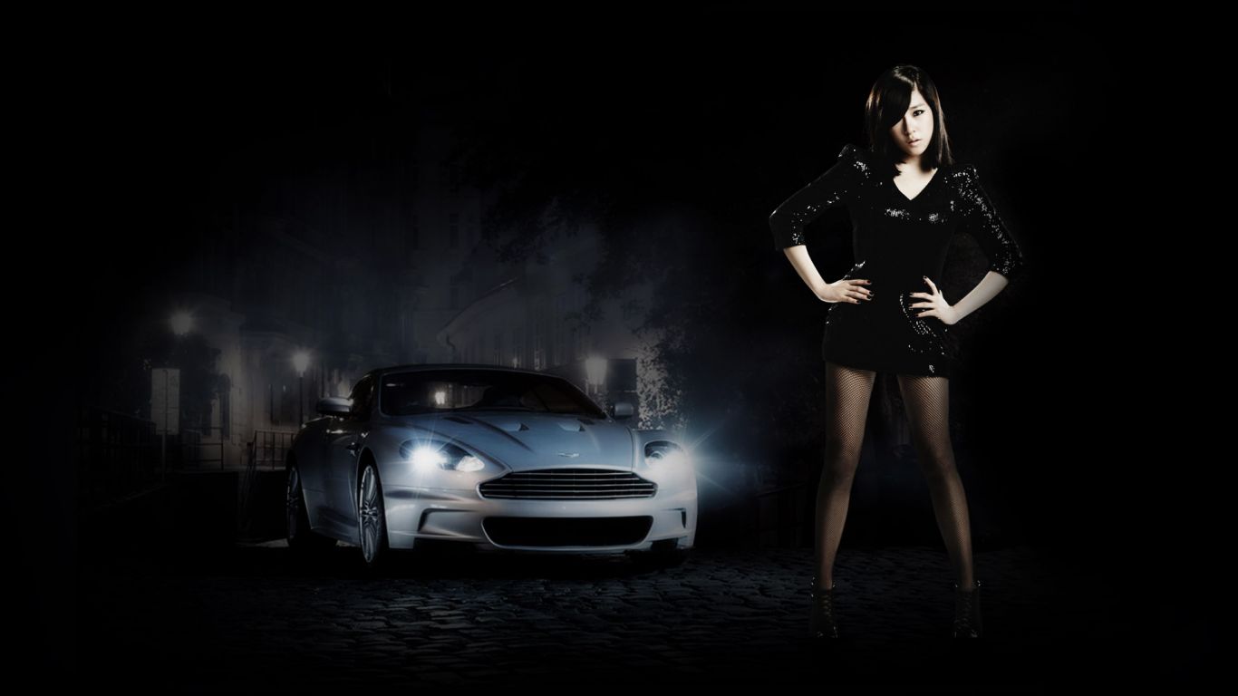 Woman in black dress and Aston Martin car HD Wallpaper