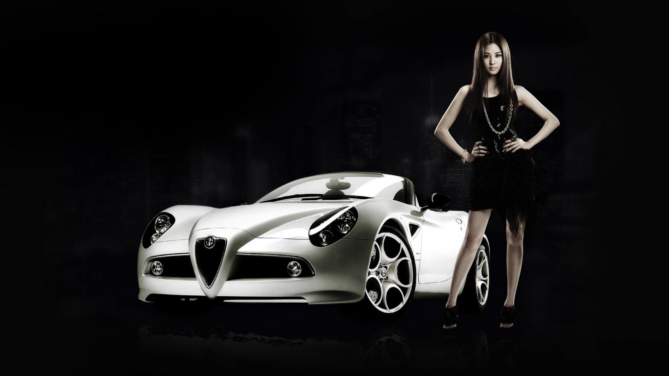 Woman and White Sports Car HD Wallpaper