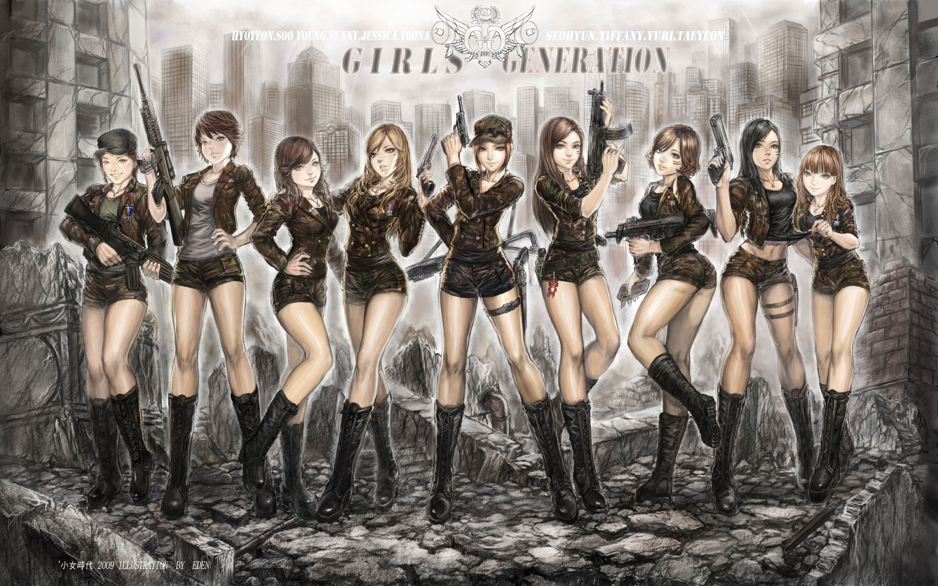 Girls Generation in military outfits with guns HD Wallpaper
