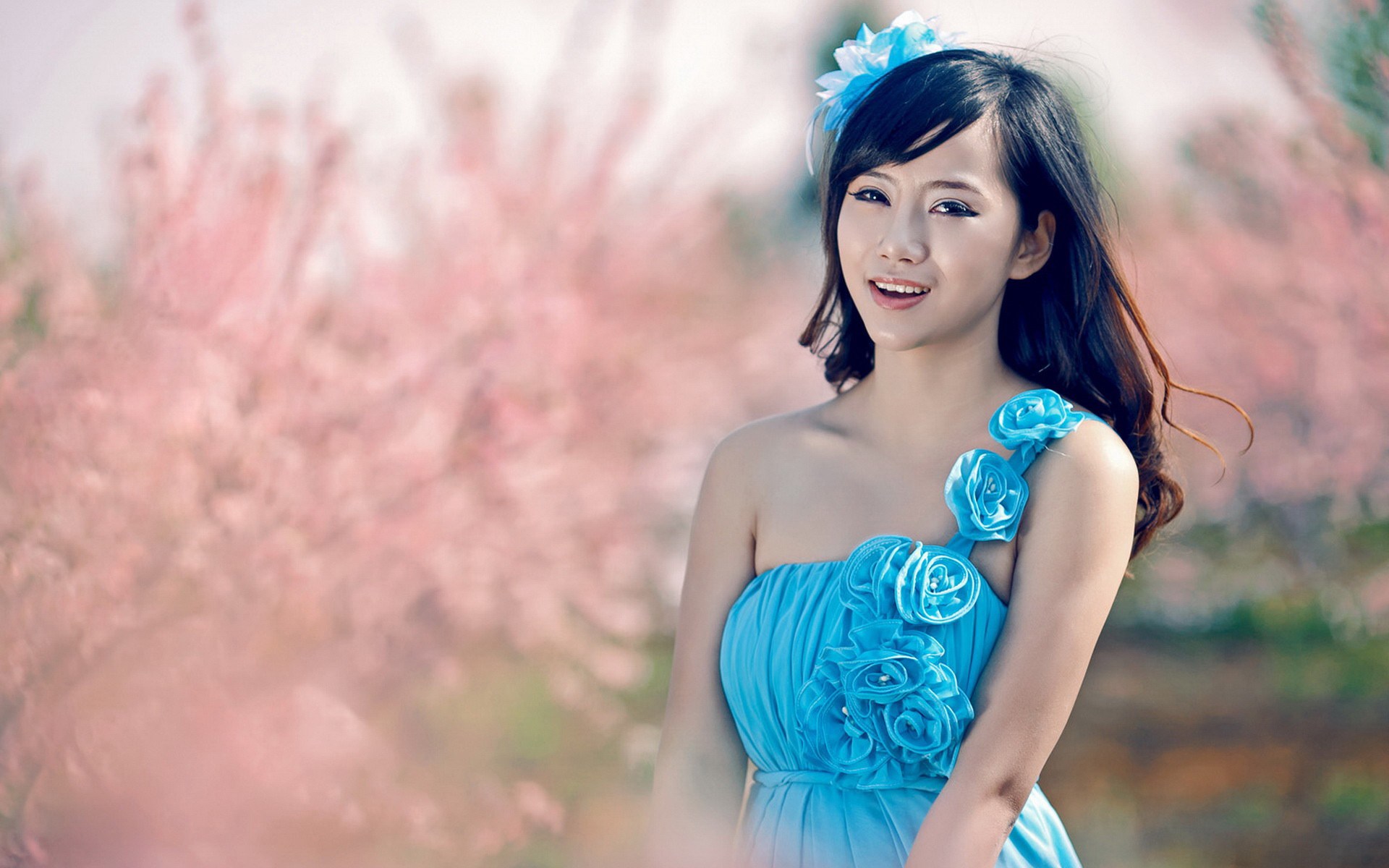 Woman in blue dress with flowers HD Wallpaper