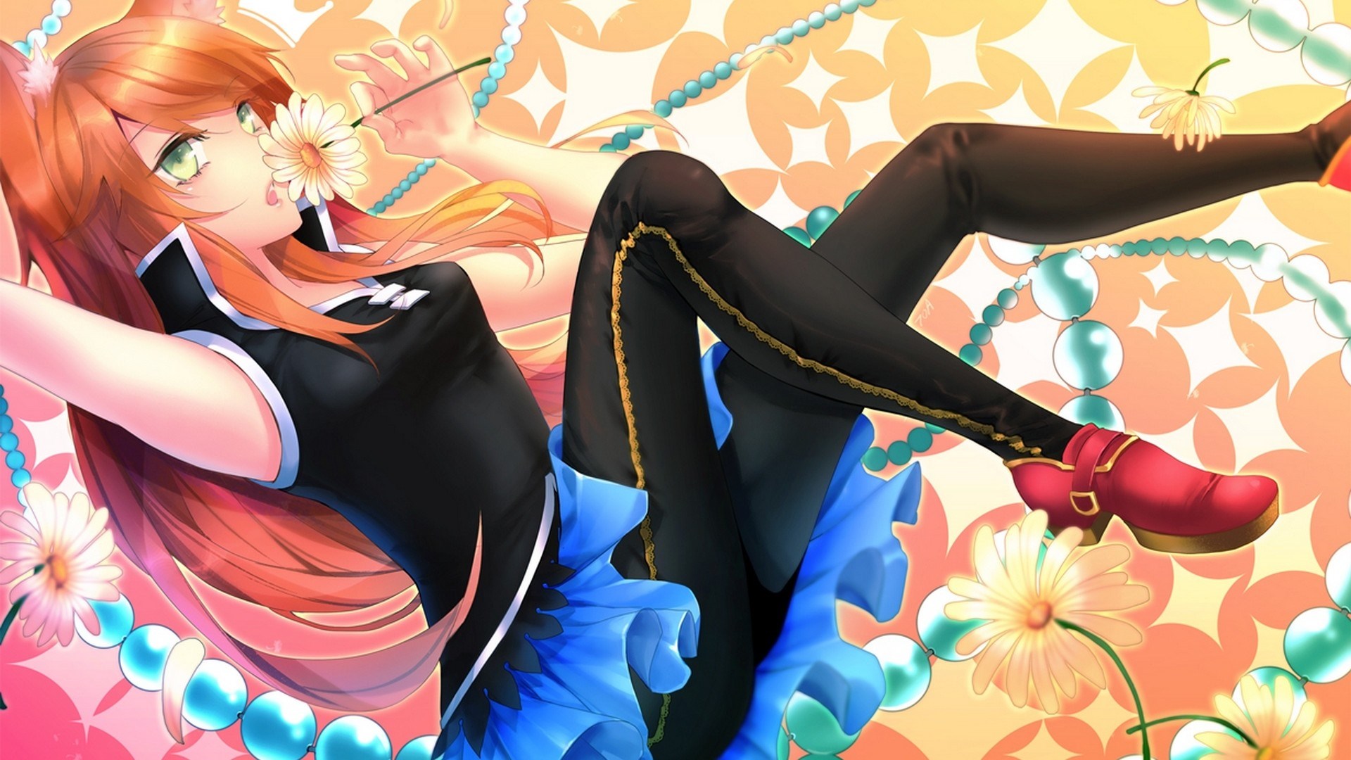 Anime girl with cat ears holding a flower HD Wallpaper