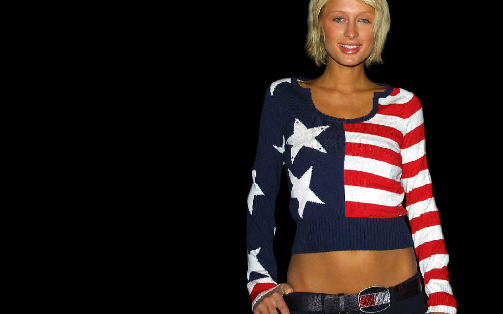 Paris Hilton wearing American flag sweater HD Wallpaper