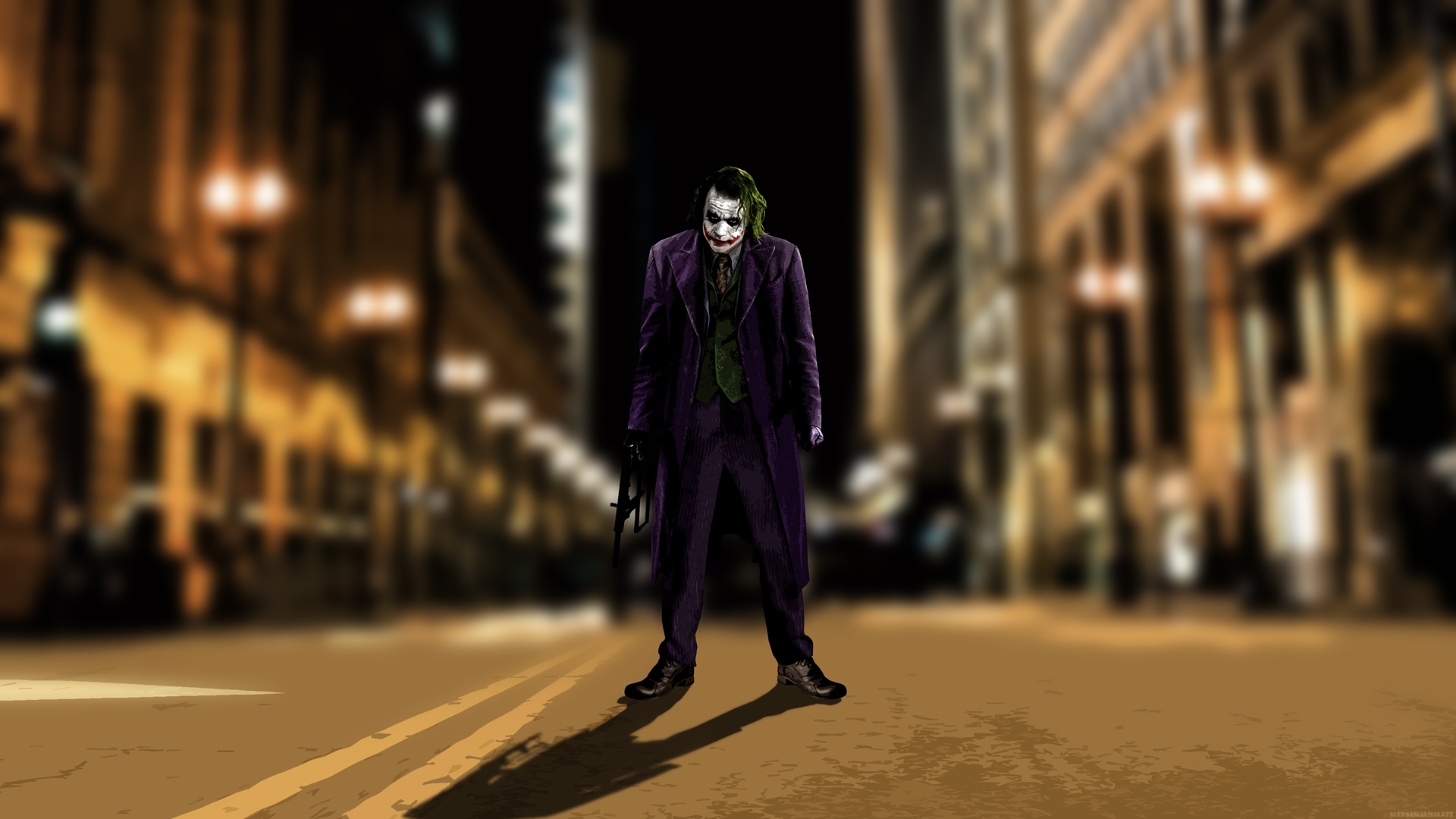 The Joker from The Dark Knight standing in a street HD Wallpaper