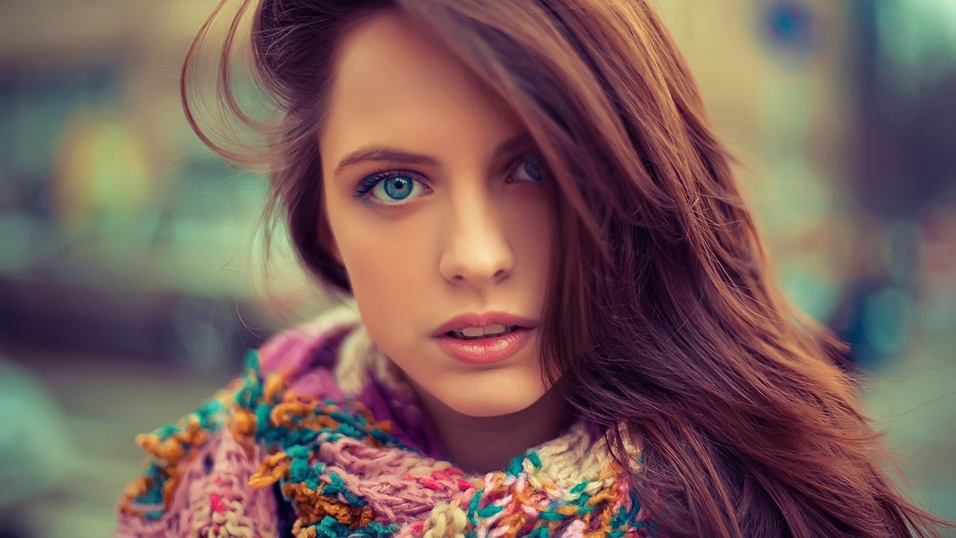 Woman with blue eyes and colorful scarf HD Wallpaper
