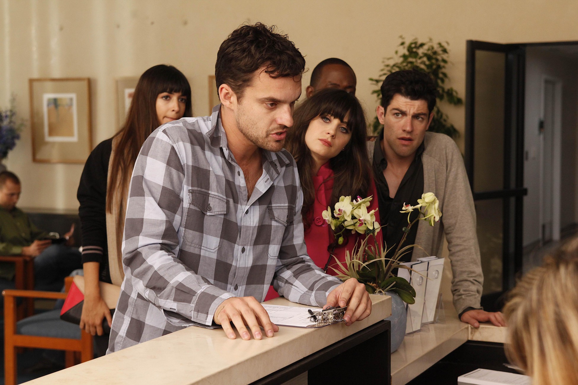 New Girl characters at reception desk HD Wallpaper