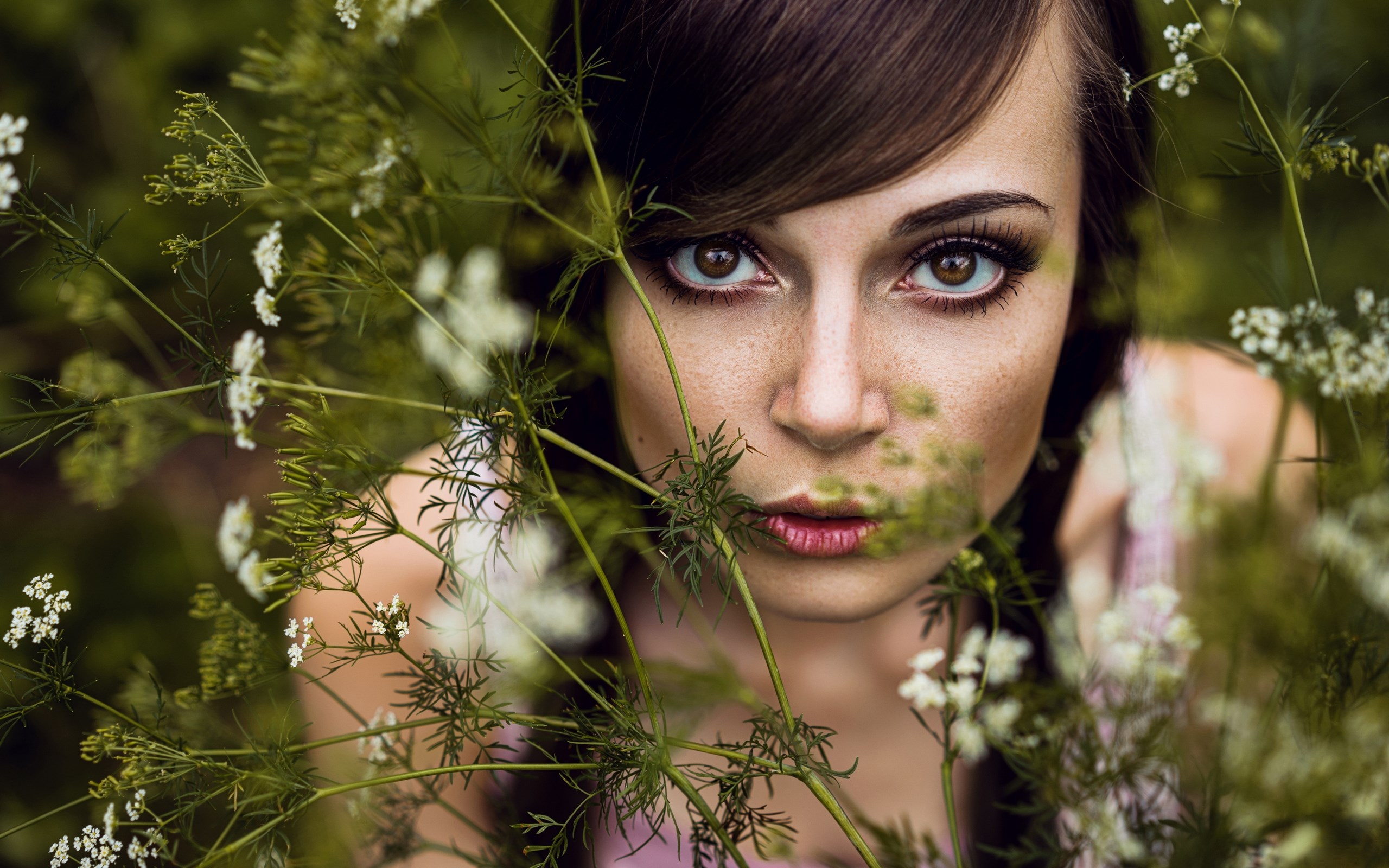 Woman with large eyes peeking through plants HD Wallpaper