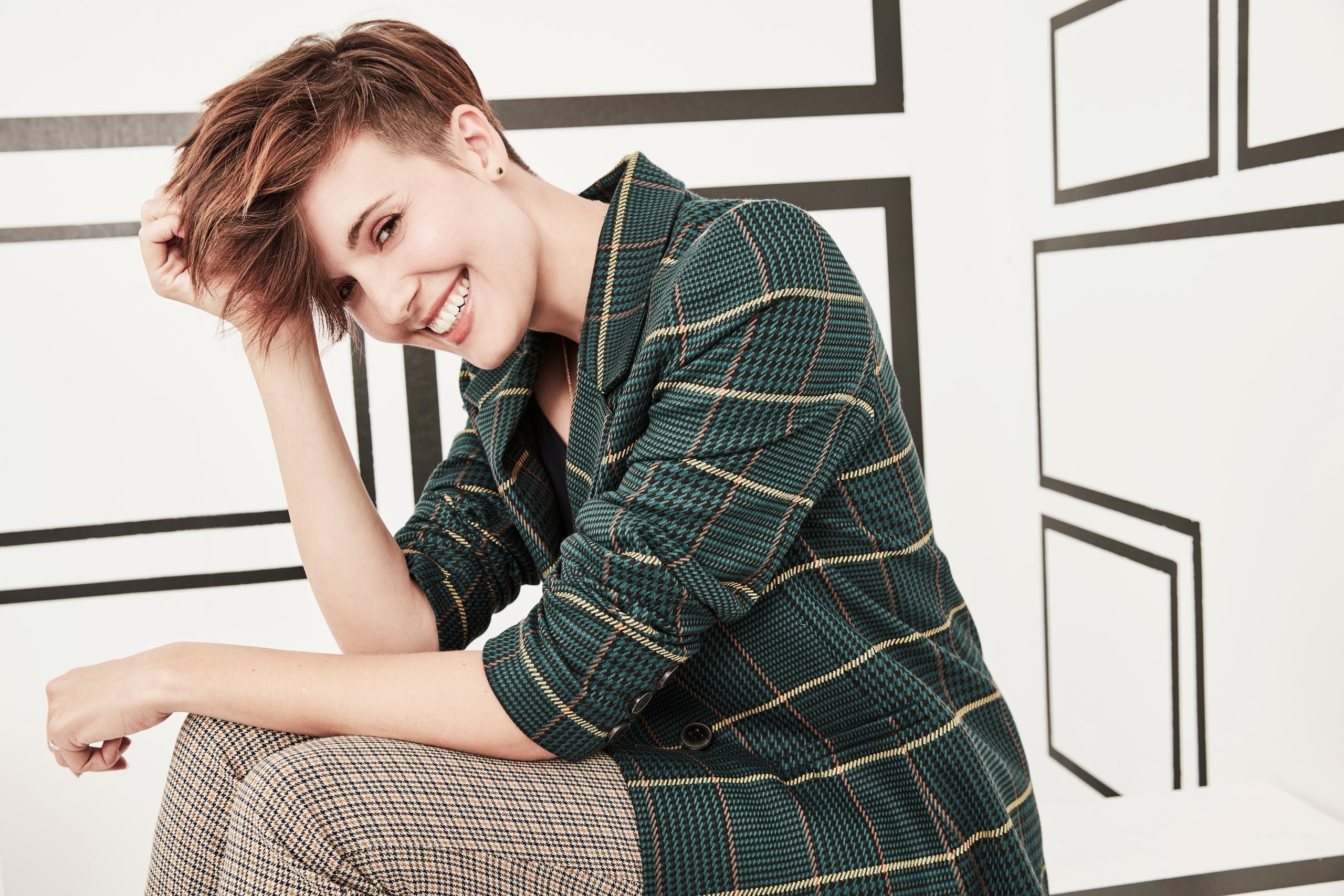 Maggie Grace in a plaid blazer HD Wallpaper