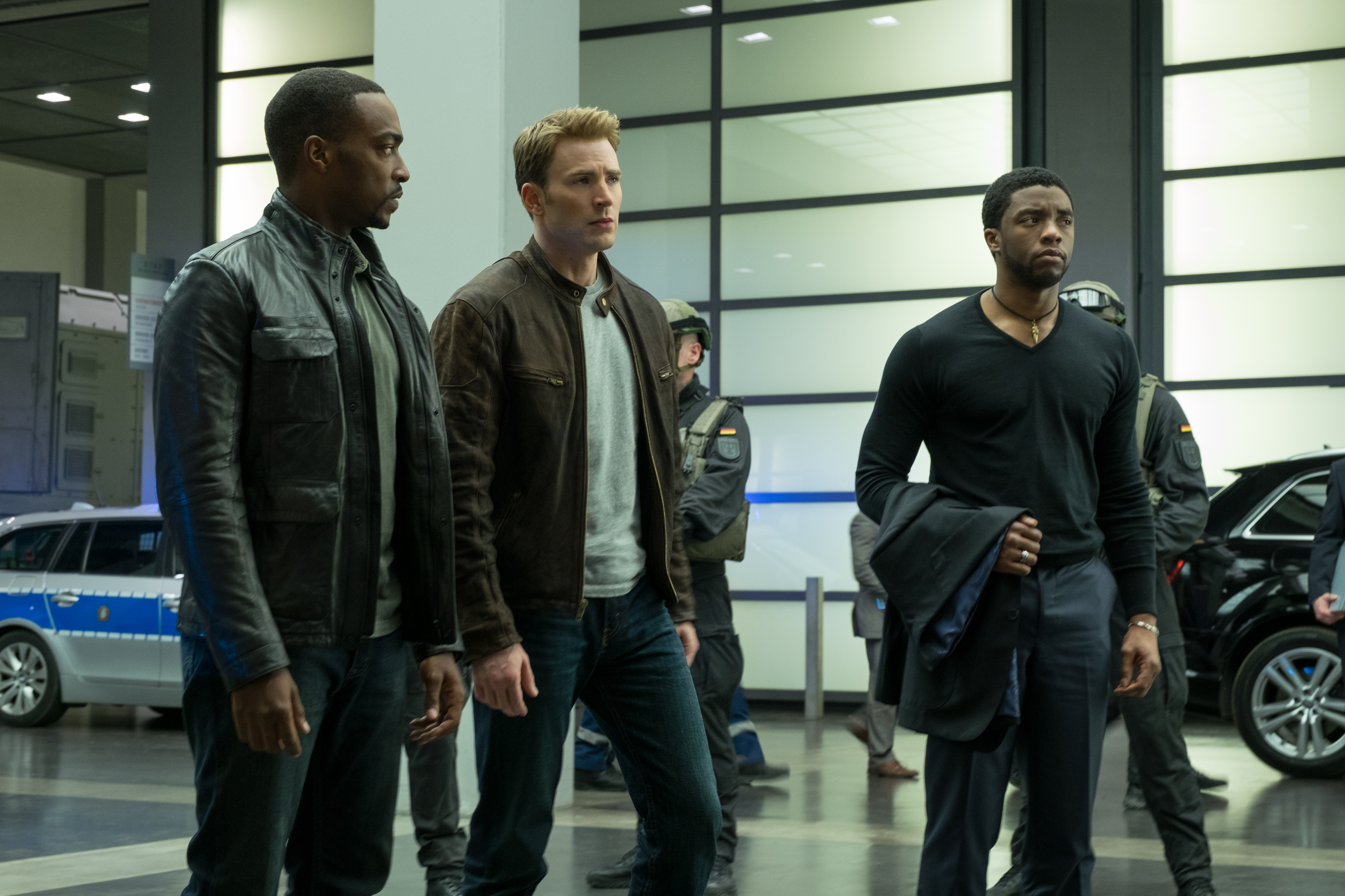 Anthony Mackie, Chris Evans, and Chadwick Boseman in Captain America: Civil War HD Wallpaper