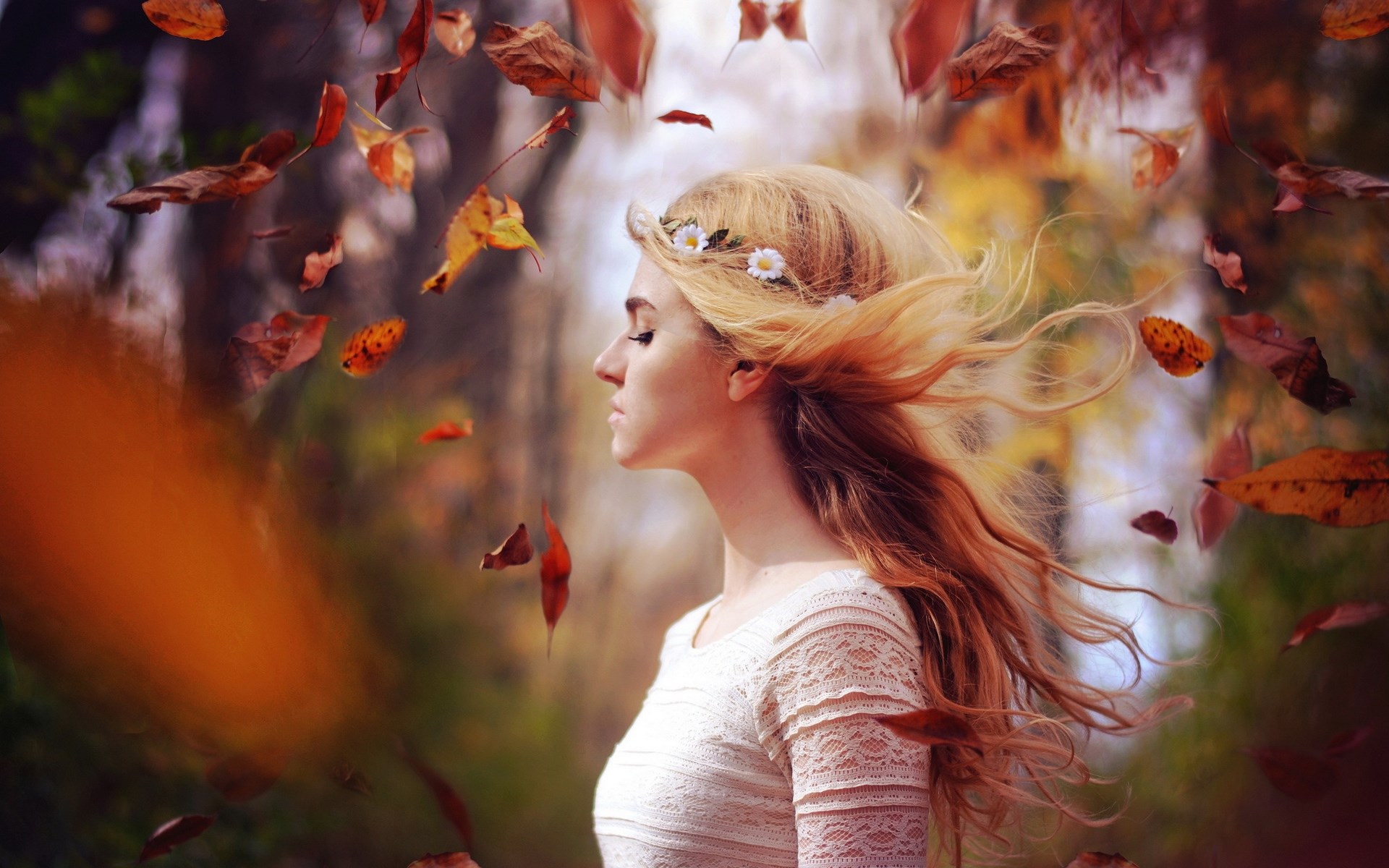 Woman with flower crown in autumn leaves HD Wallpaper