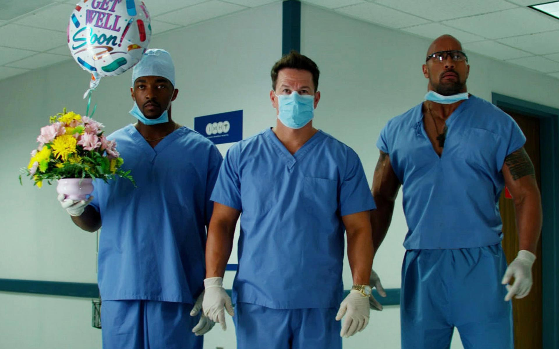Anthony Mackie, Mark Wahlberg, and Dwayne Johnson in scrubs HD Wallpaper