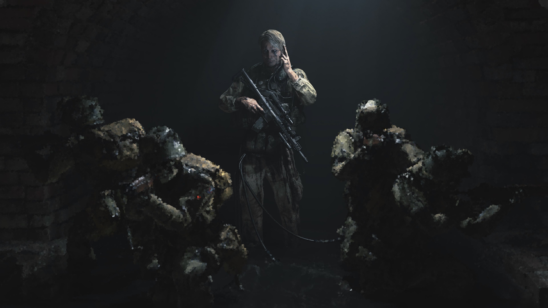 Mads Mikkelsen with soldiers in dark environment HD Wallpaper