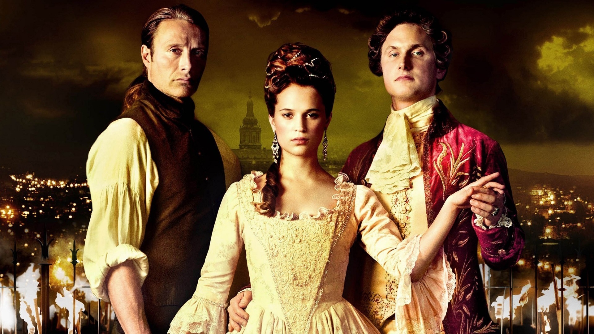 Mads Mikkelsen, Alicia Vikander, and Mikkel Boe Følsgaard in A Royal Affair HD Wallpaper