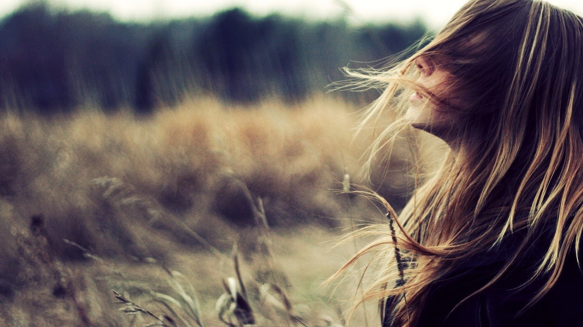 Woman with windblown hair in a field HD Wallpaper
