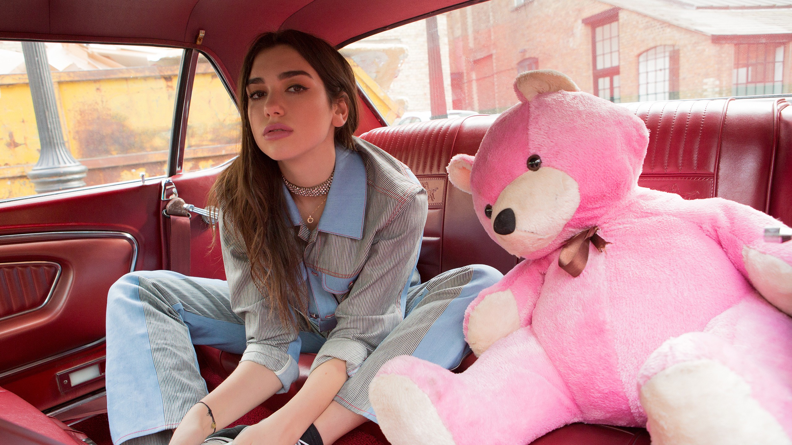 Dua Lipa in a car with a teddy bear HD Wallpaper