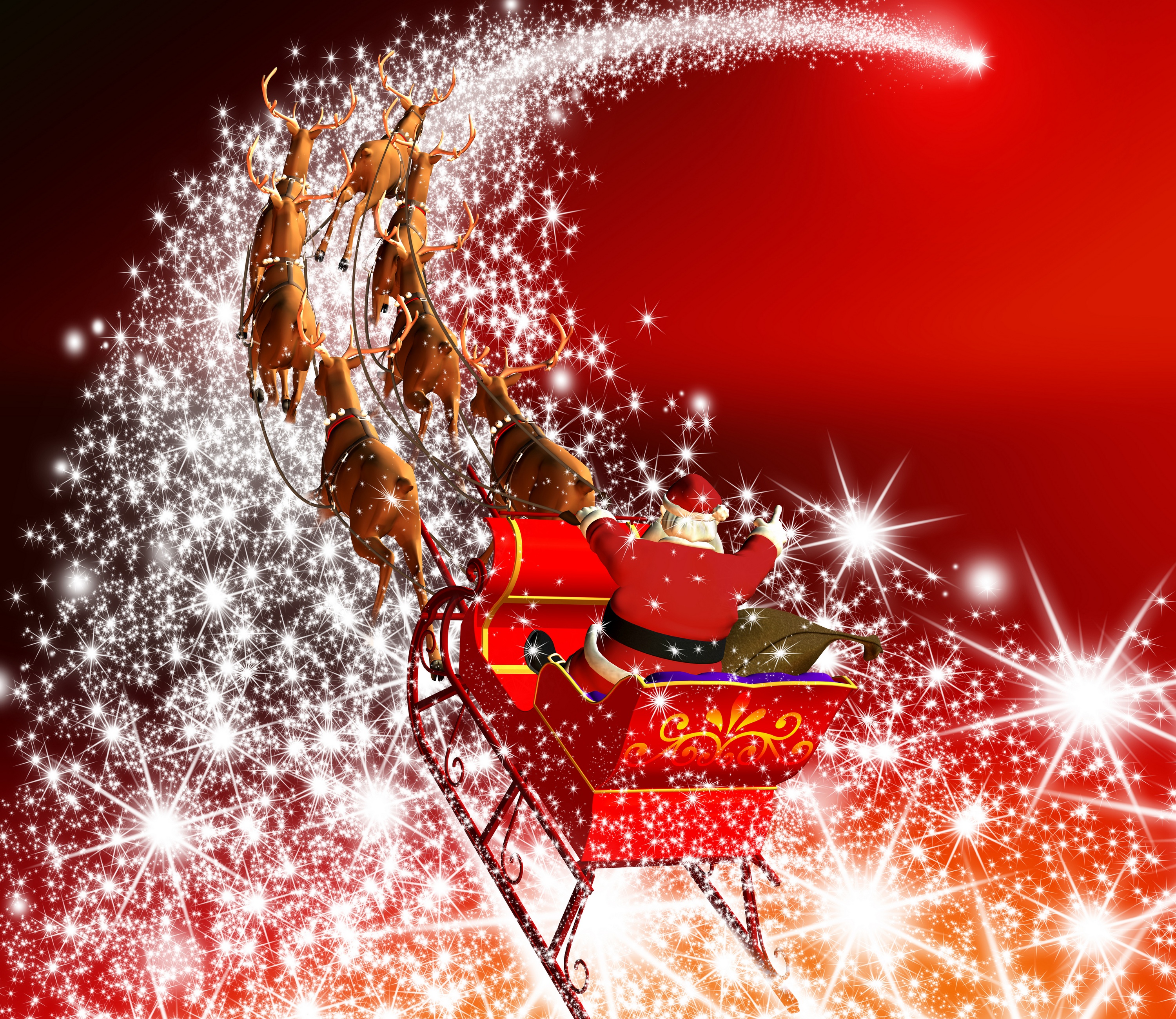 Santa Claus and reindeer flying through stars HD Wallpaper