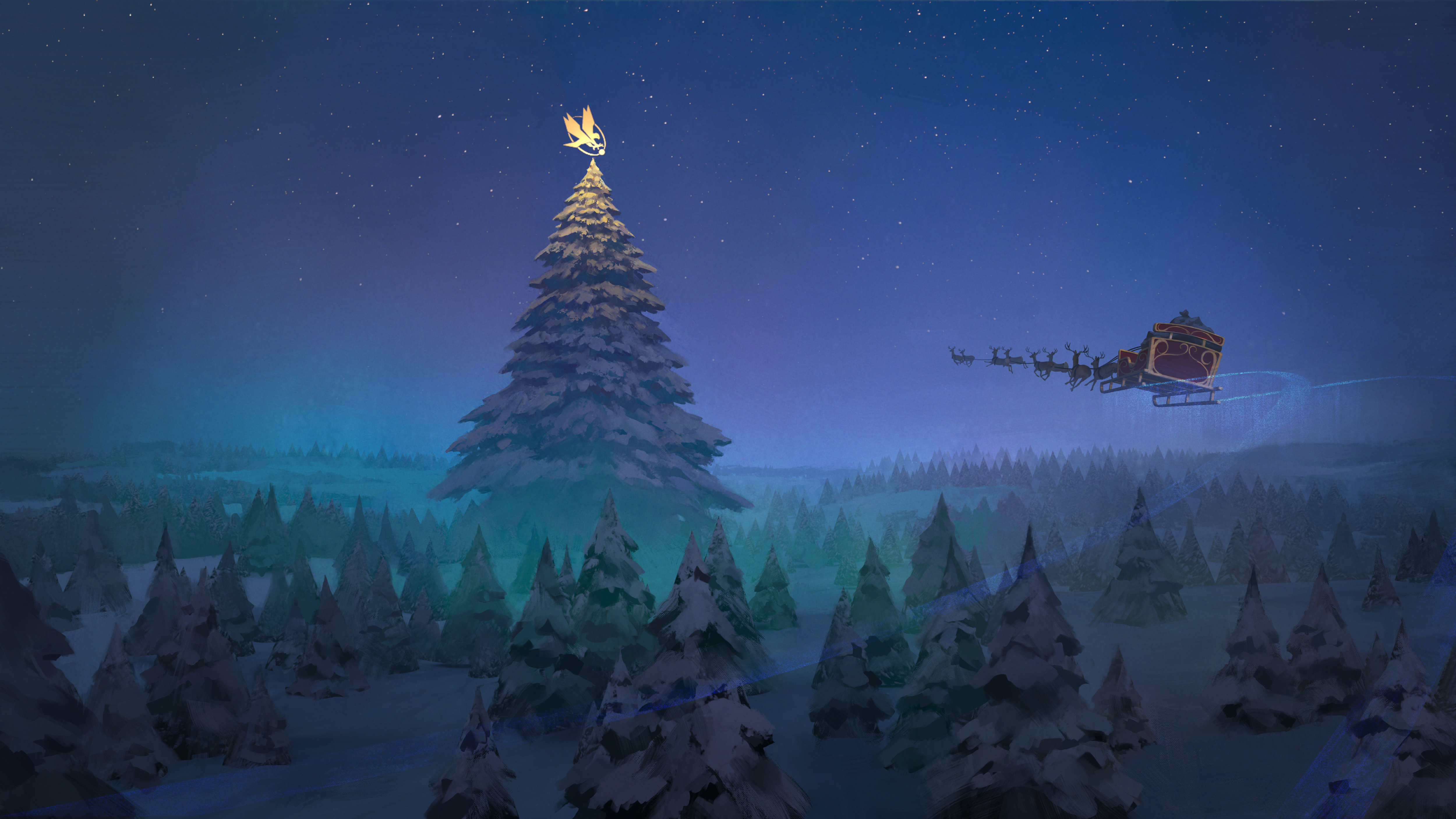 Santa Claus flying in a sleigh over a snowy forest at night HD Wallpaper