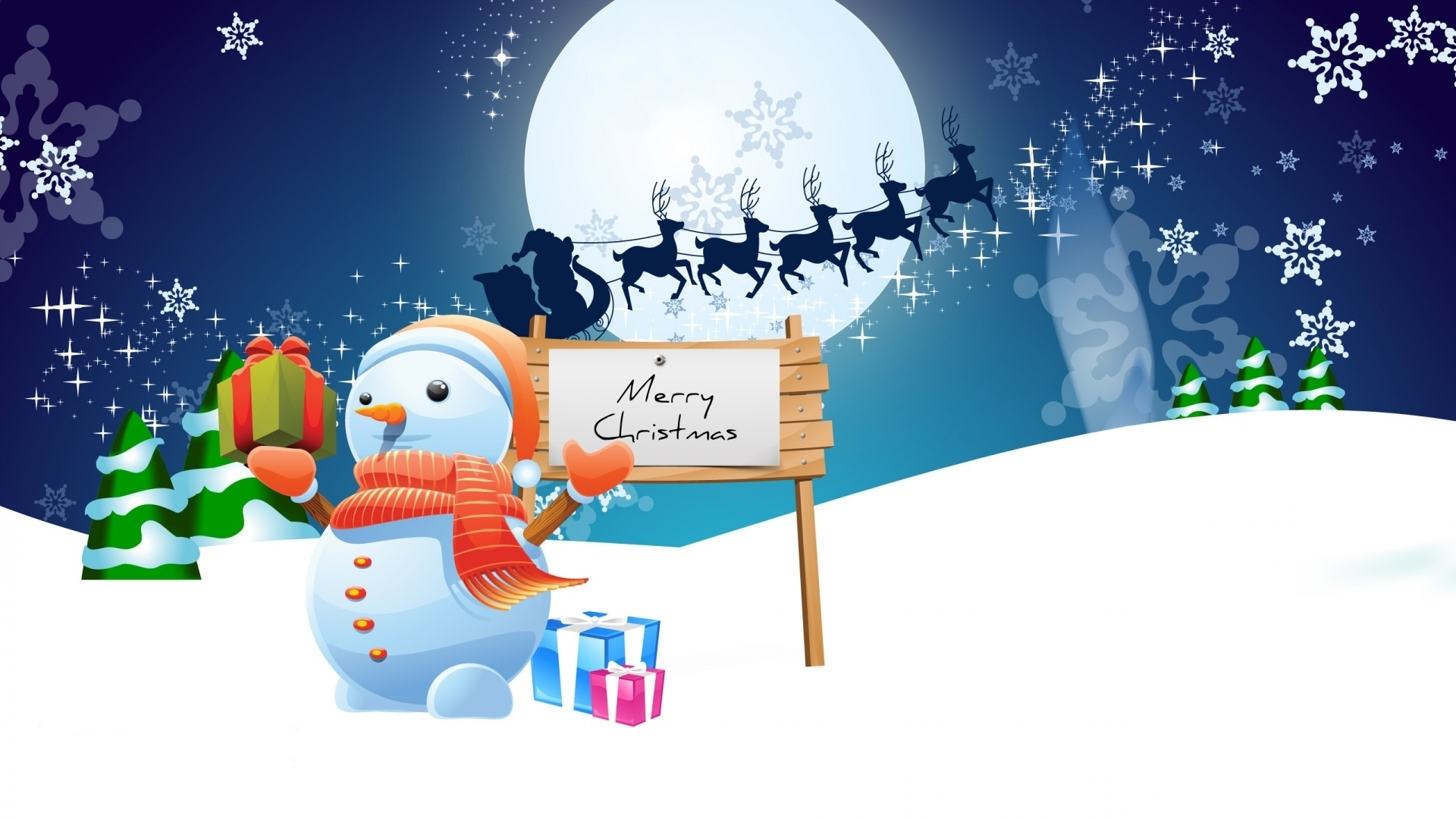 Merry Christmas Snowman with Santa's Sleigh HD Wallpaper