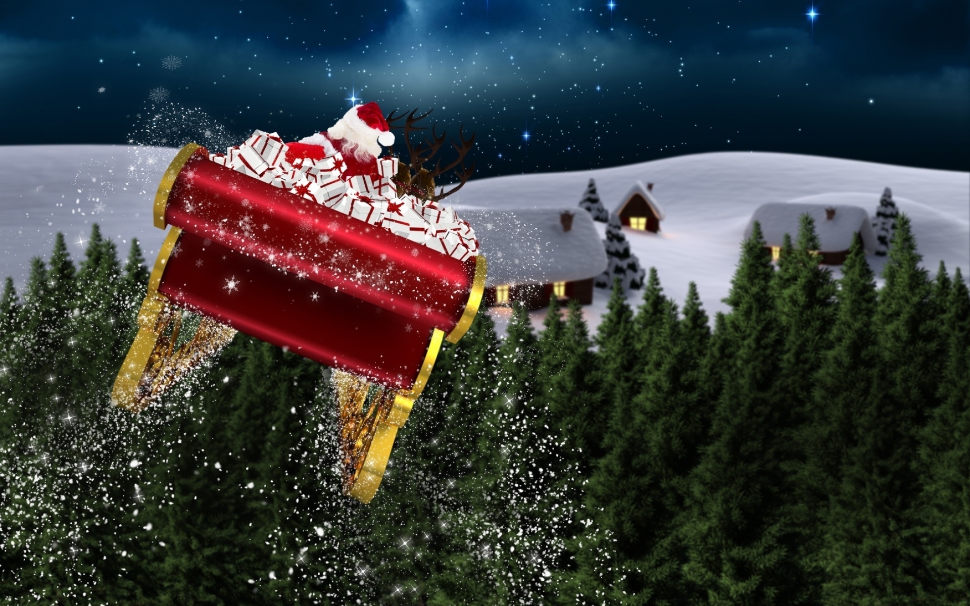 Santa Claus flying in a sleigh full of gifts HD Wallpaper