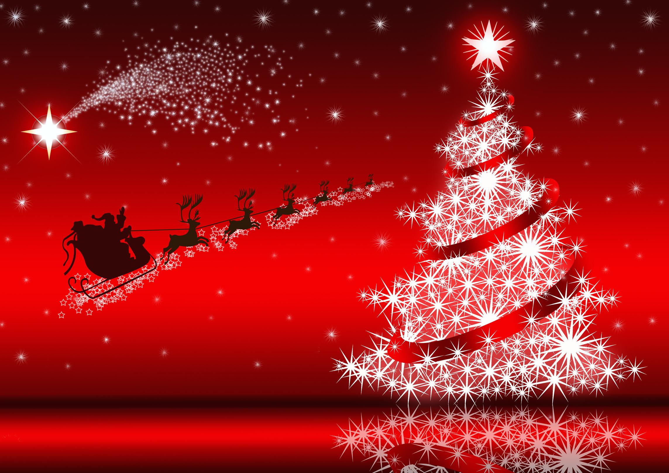 Santa Claus and reindeer flying past a Christmas tree HD Wallpaper