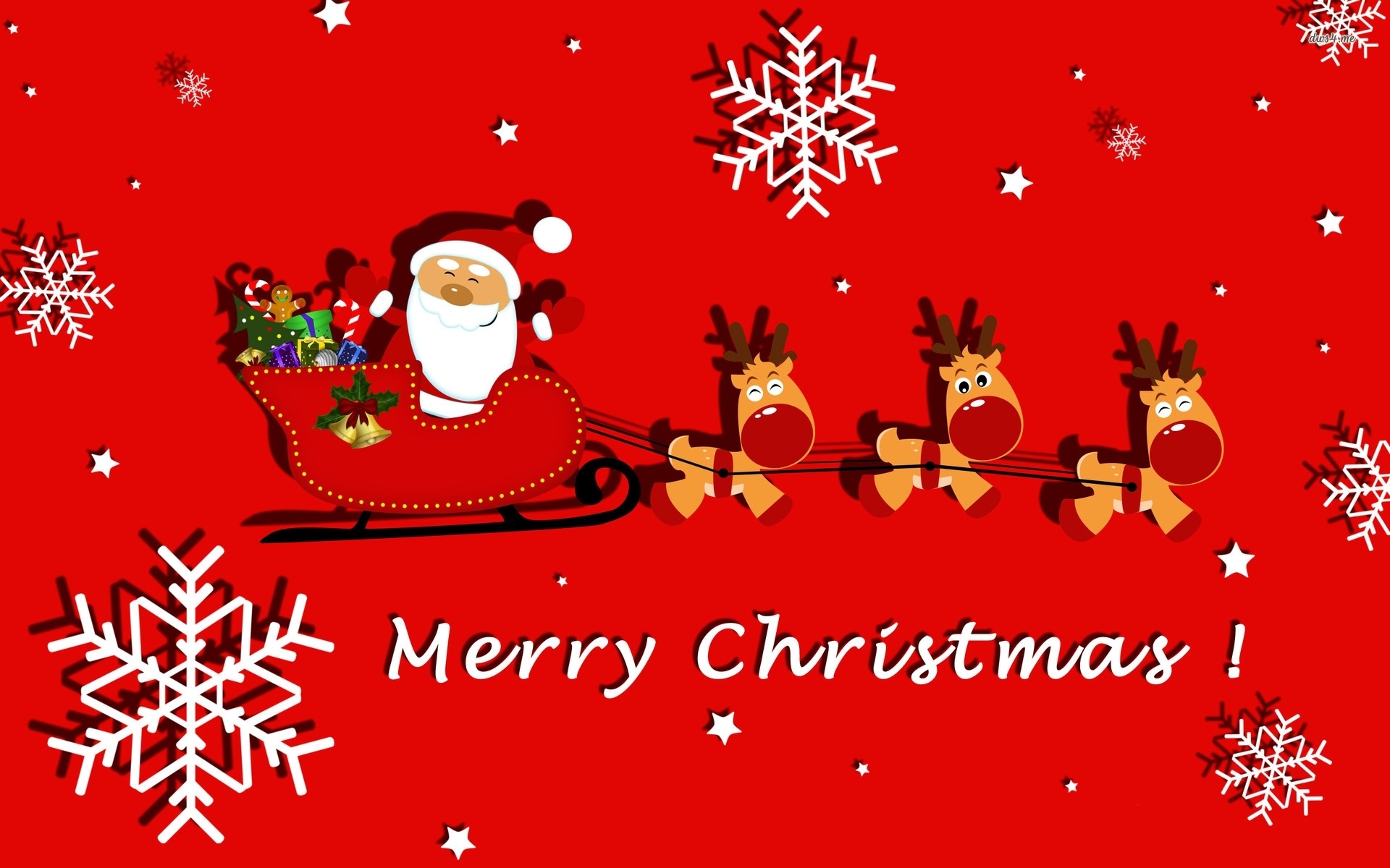 Santa Claus in Sleigh with Reindeer and "Merry Christmas!" HD Wallpaper